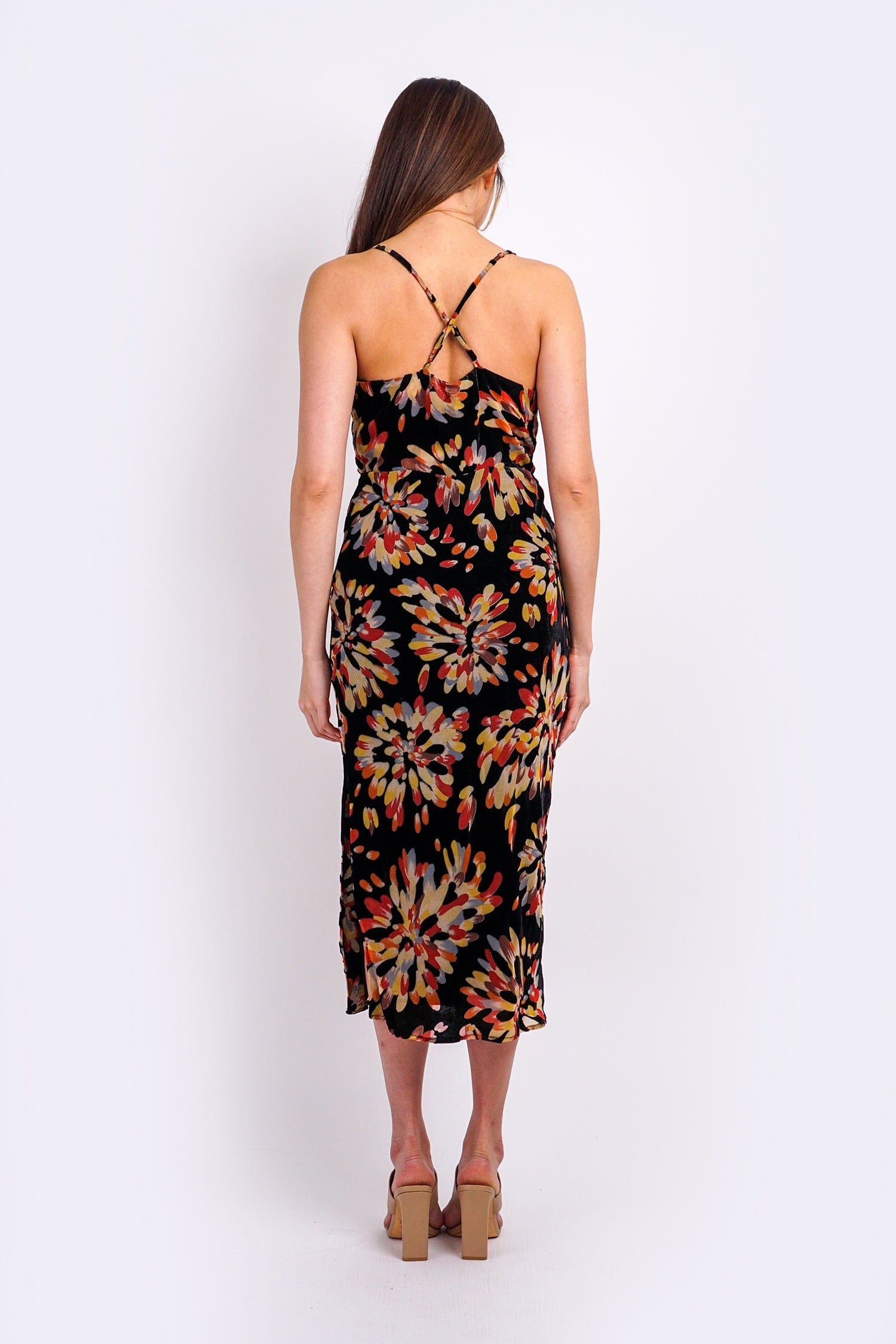 DCD DRESSES Floral Burnout Velvet Cowl Neck Dress
