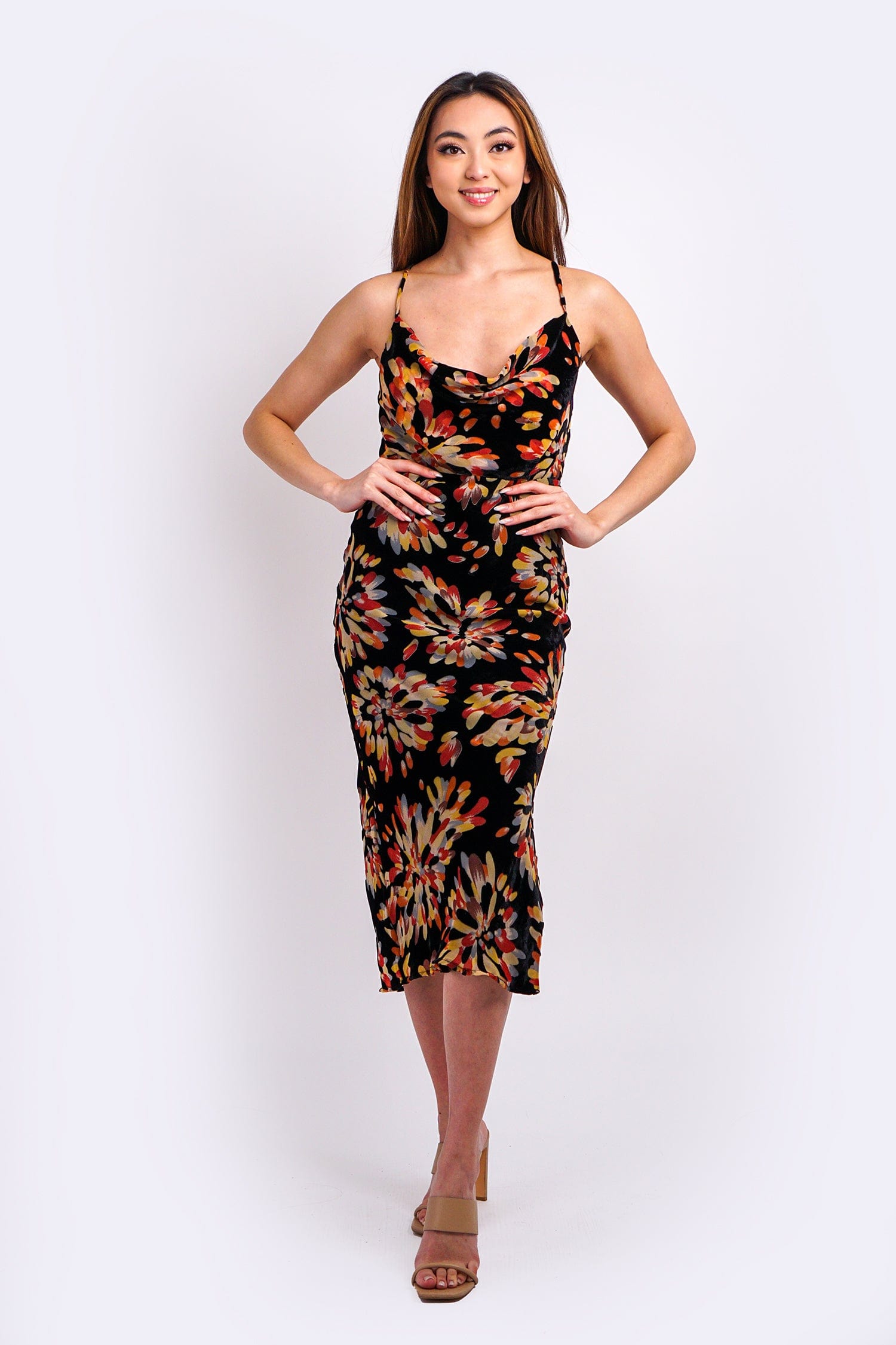DCD DRESSES Floral Burnout Velvet Cowl Neck Dress