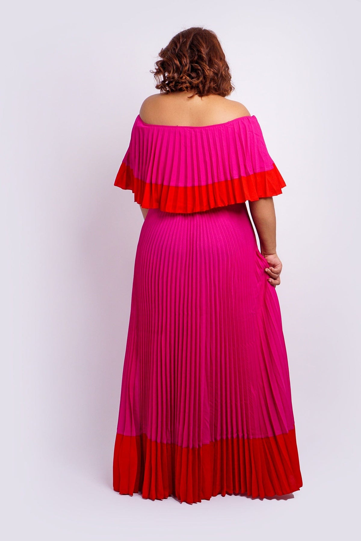 DCD DRESSES Fuchsia Color Block Off Shoulder Pleats Dress