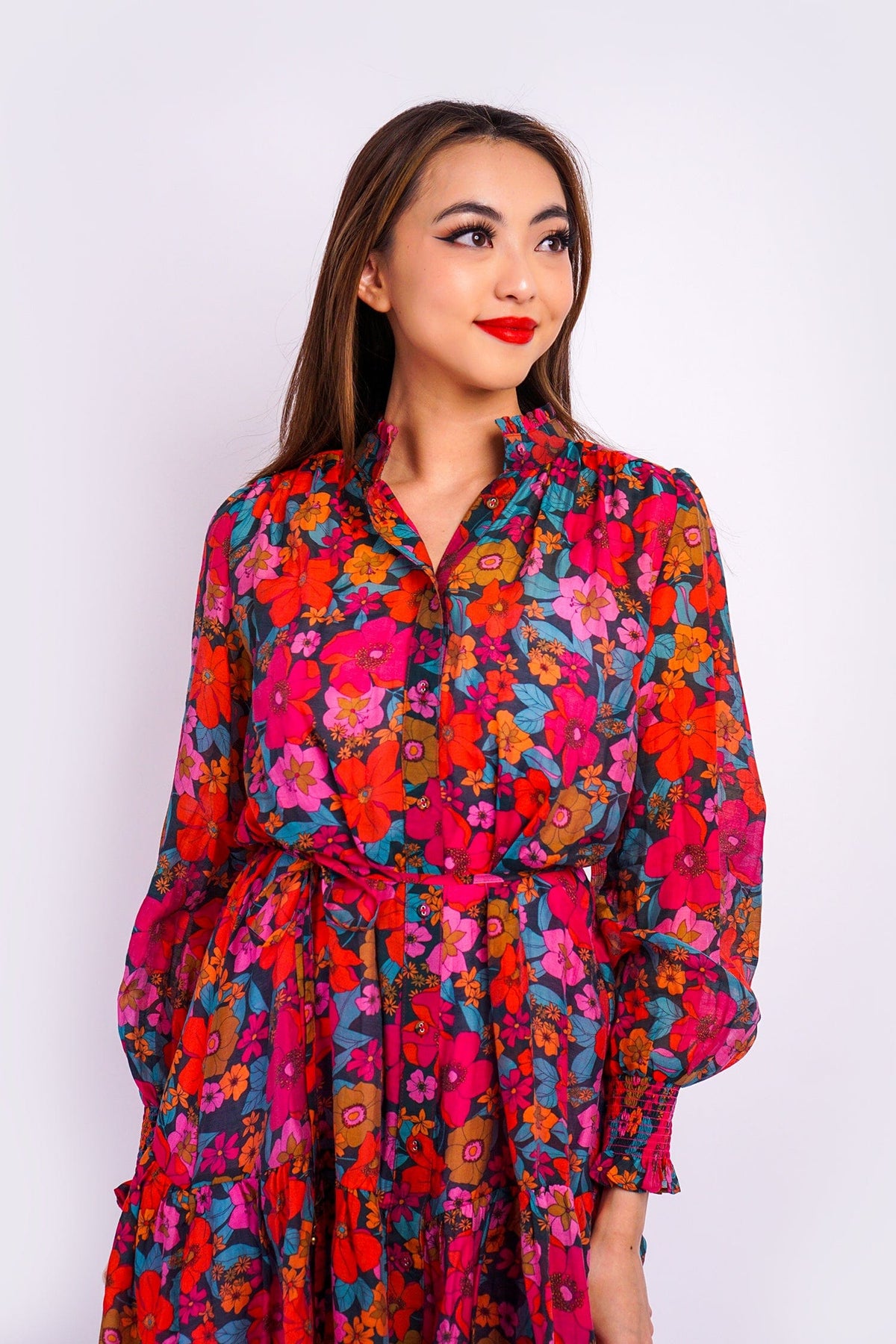 DCD DRESSES Fuchsia Multi Floral Drop Waist Dress