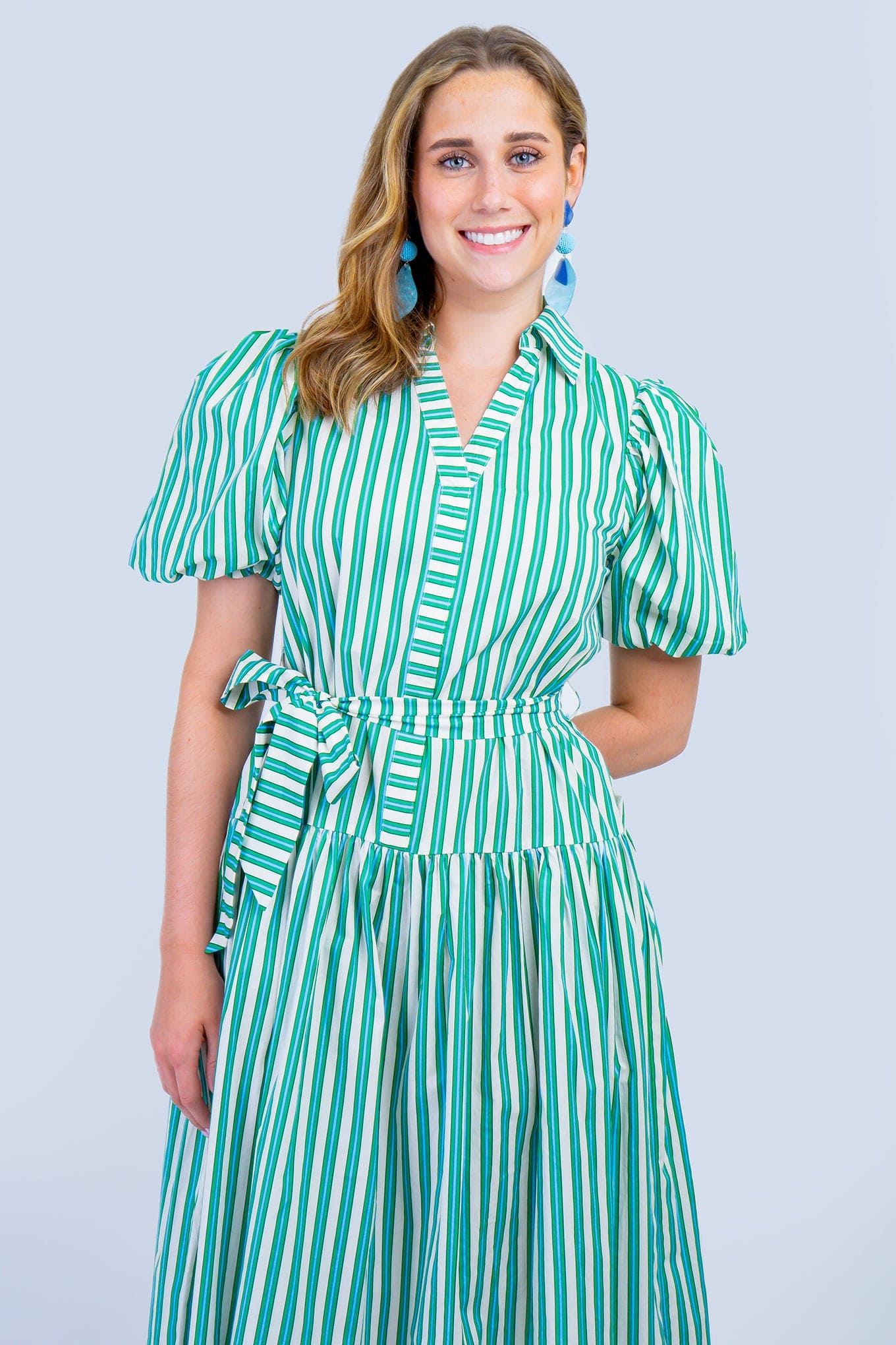 DCD DRESSES Green and White Stripe Balloon Sleeve Midi Dress