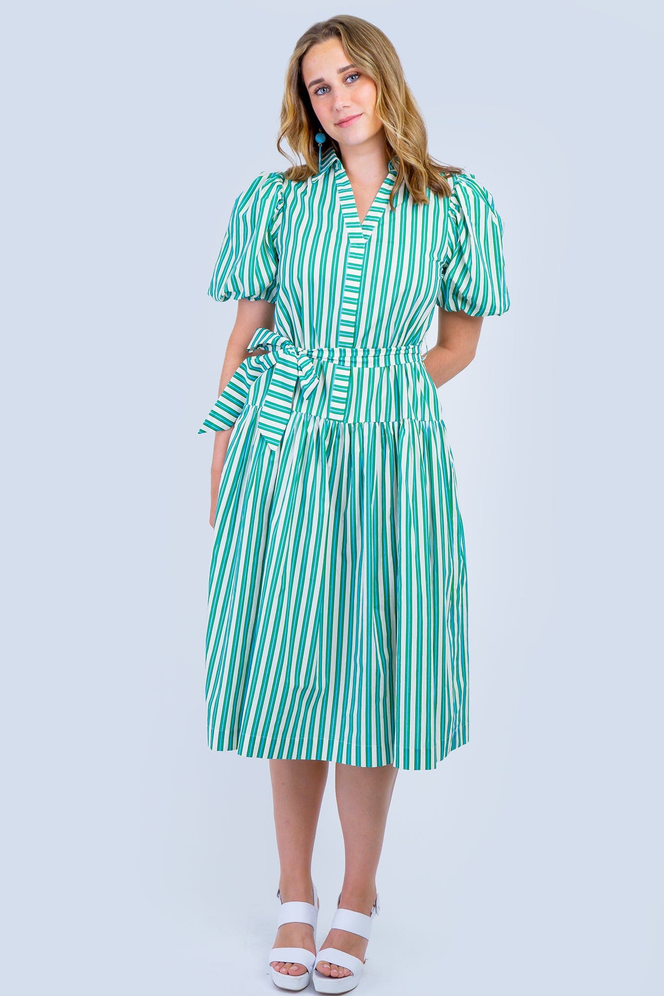 DCD DRESSES Green and White Stripe Balloon Sleeve Midi Dress