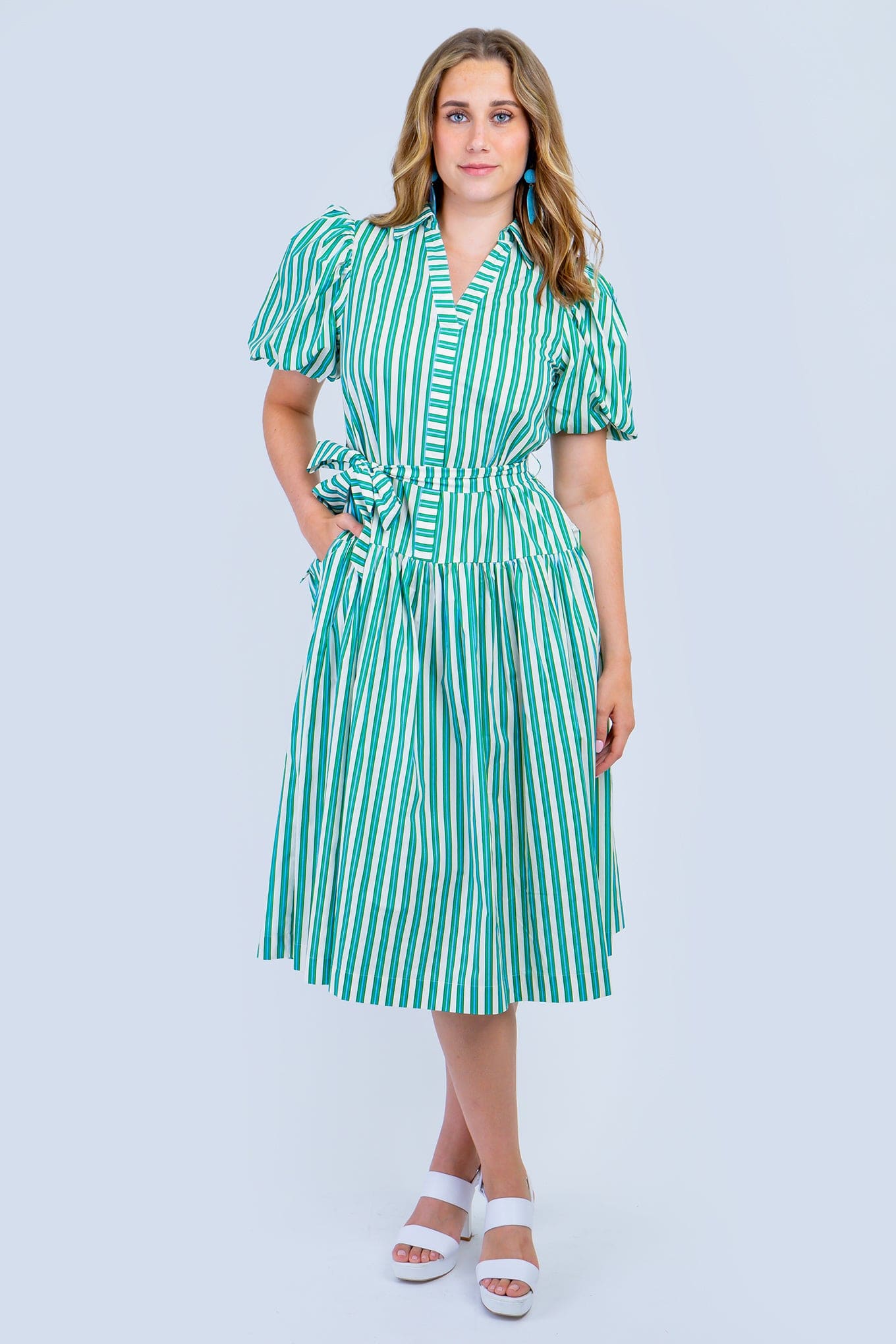 DCD DRESSES Green and White Stripe Balloon Sleeve Midi Dress