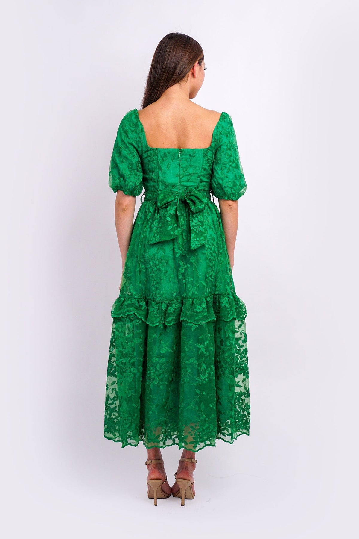 DCD DRESSES Green Belted Detail Scallop Fabric Midi Dress