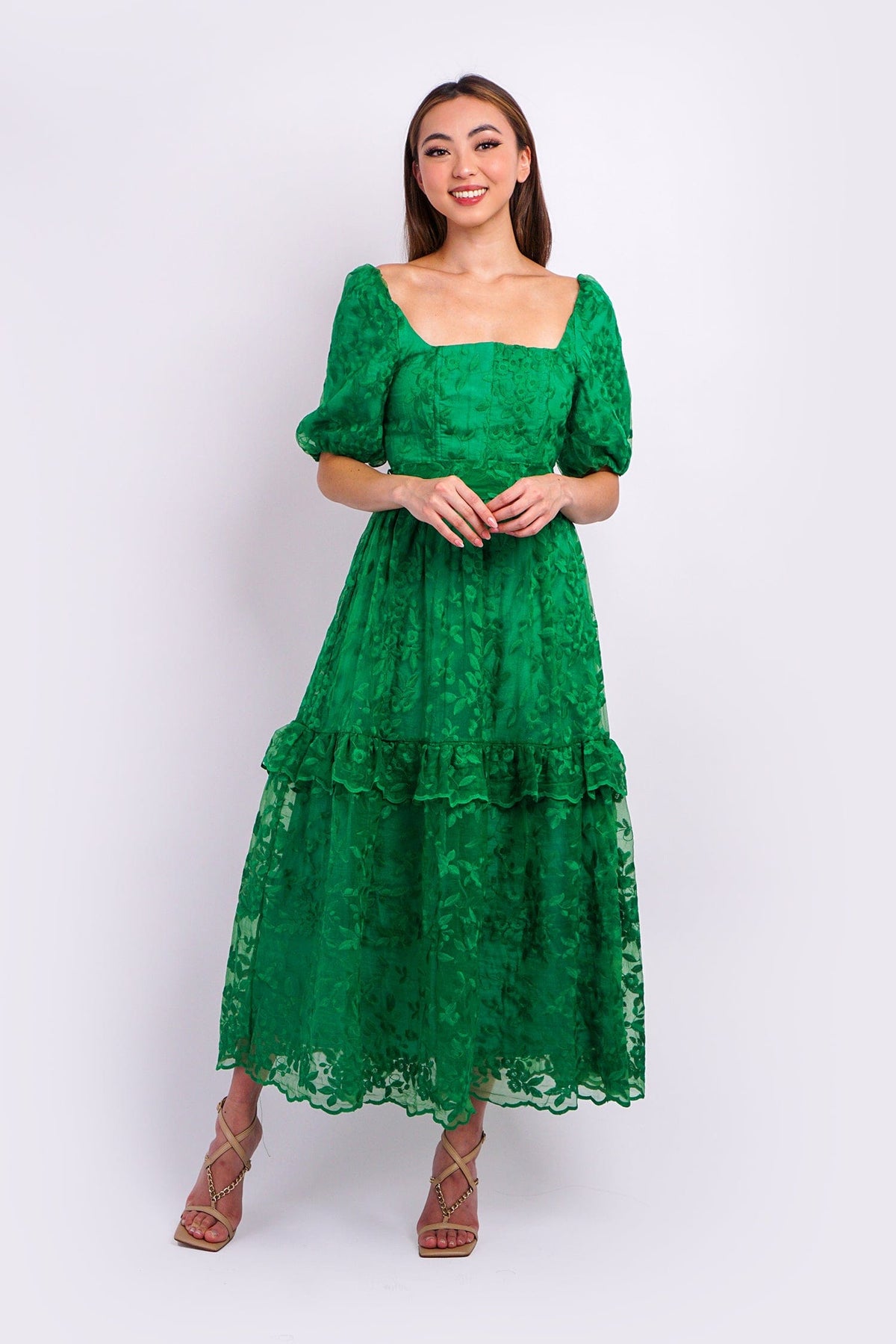 DCD DRESSES Green Belted Detail Scallop Fabric Midi Dress