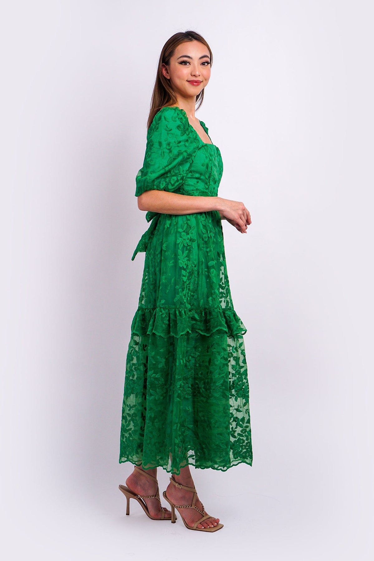 DCD DRESSES Green Belted Detail Scallop Fabric Midi Dress