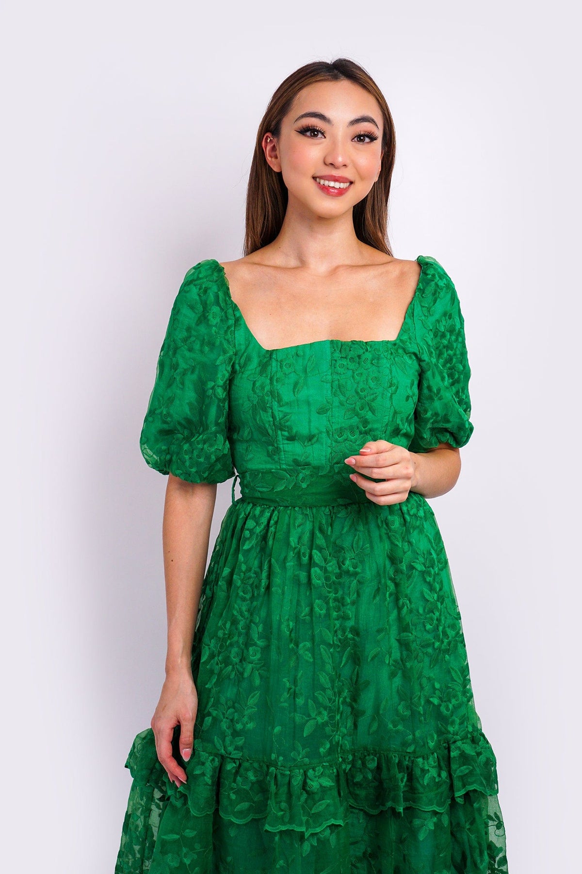 DCD DRESSES Green Belted Detail Scallop Fabric Midi Dress