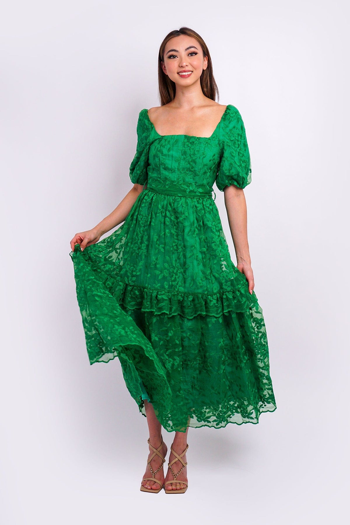 DCD DRESSES Green Belted Detail Scallop Fabric Midi Dress