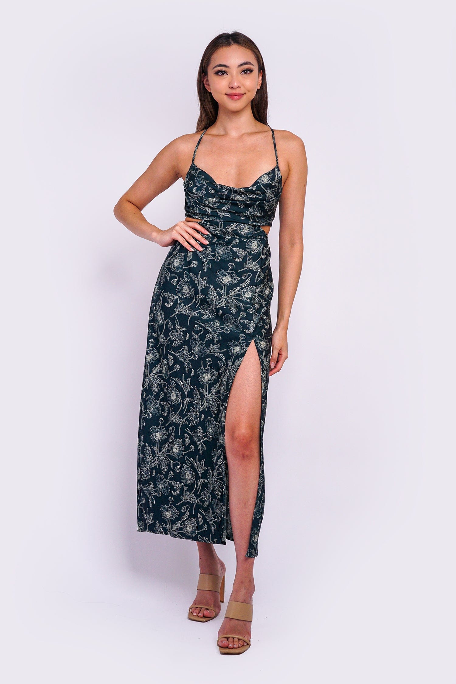 DCD DRESSES Green Floral Cowl Neck Cut Out Maxi Dress