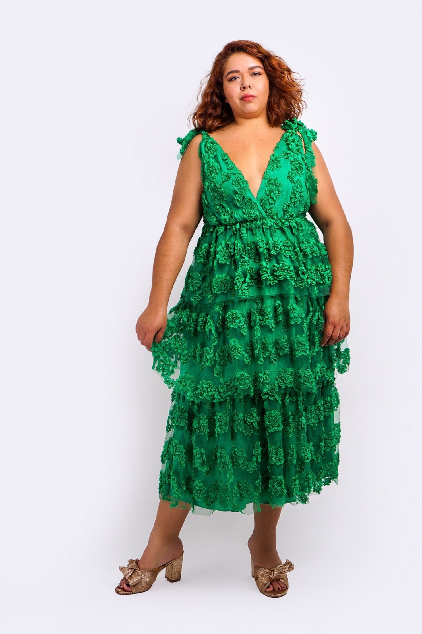 DCD DRESSES Green Floral Textured Multi Tiered Dress