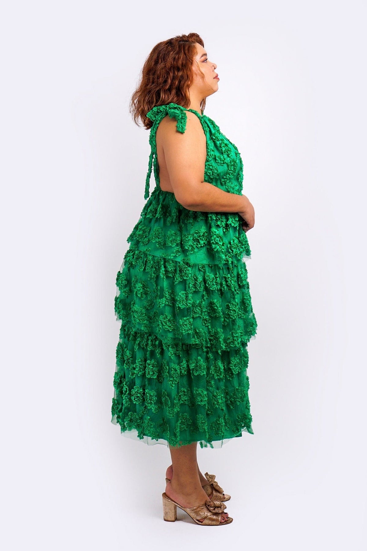 DCD DRESSES Green Floral Textured Multi Tiered Dress