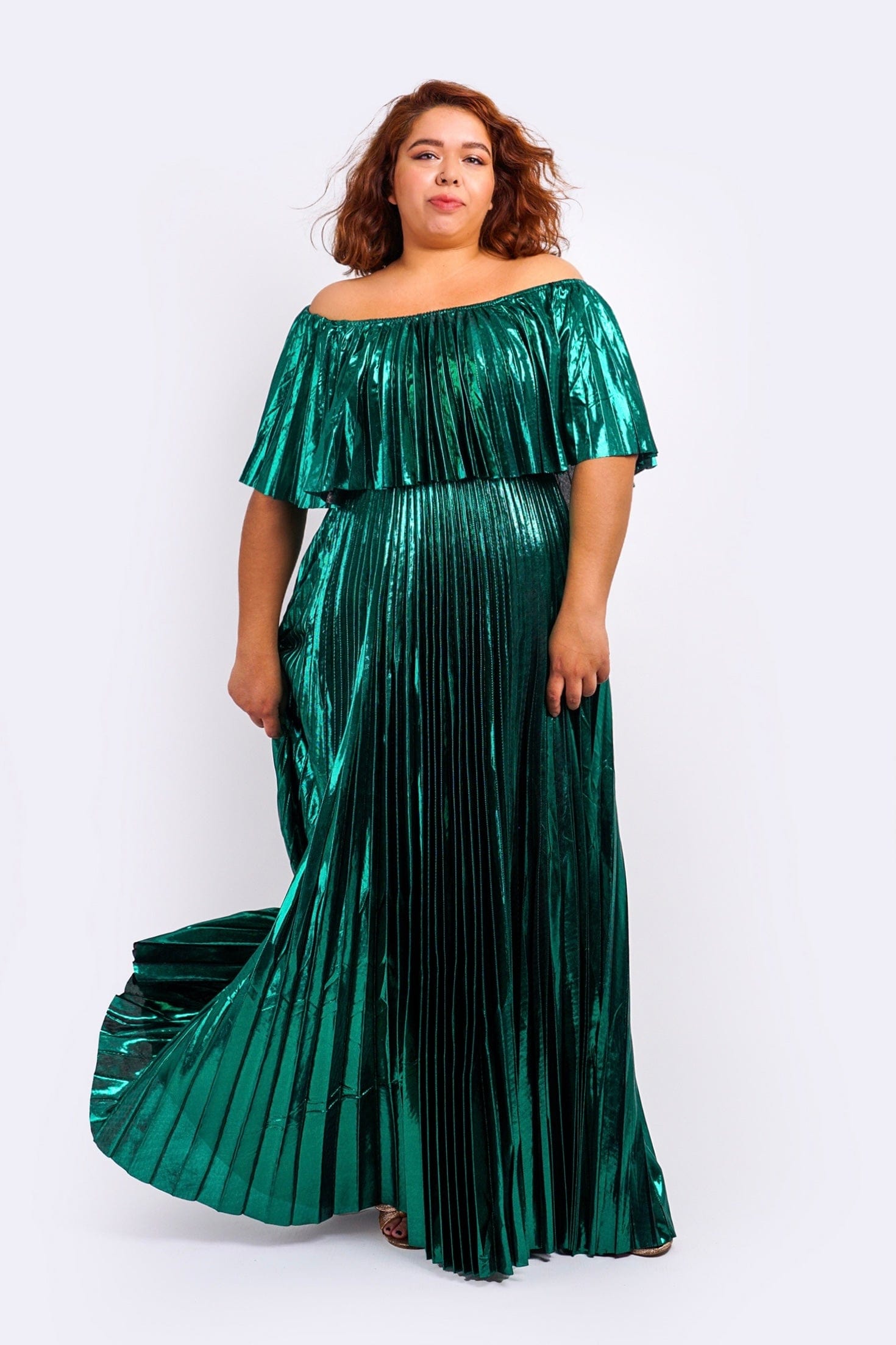 DCD DRESSES Green  Metallic Off Shoulder Pleats Maxi Dress