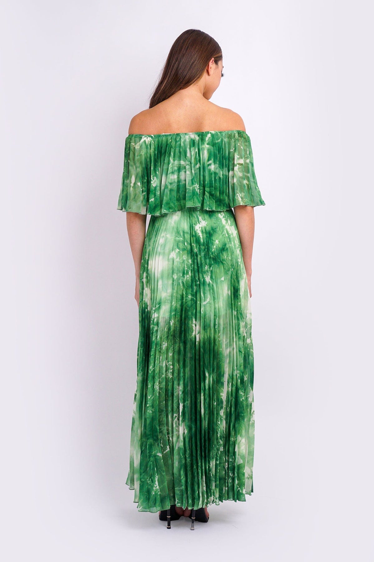 DCD DRESSES Green Off Shoulder Pleats Dress