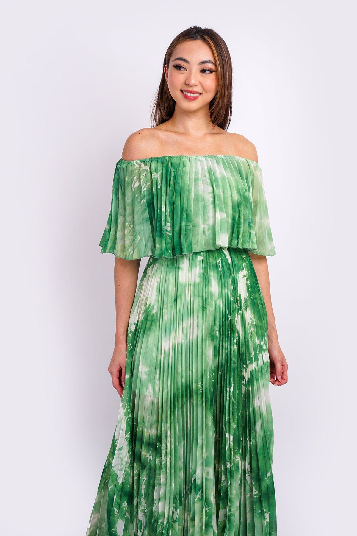 DCD DRESSES Green Off Shoulder Pleats Dress