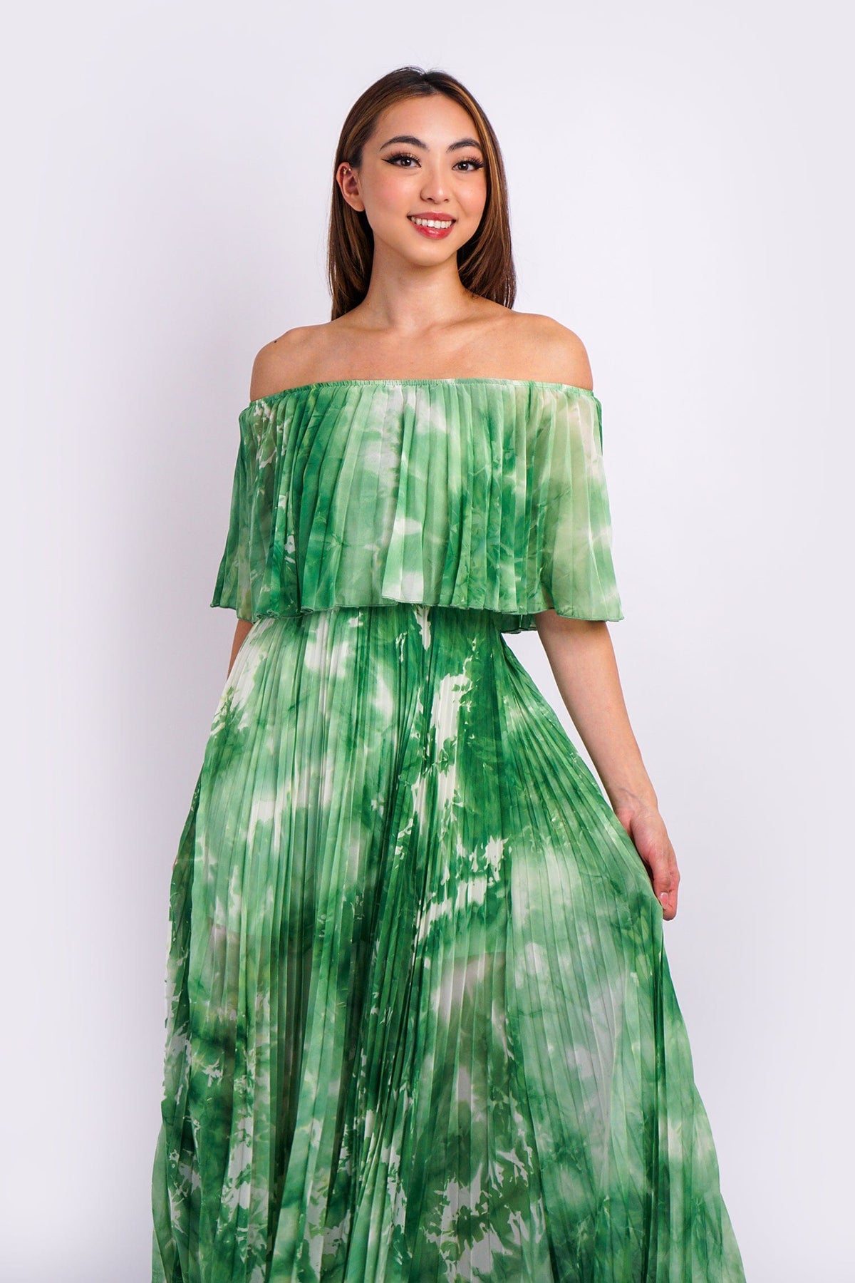 DCD DRESSES Green Off Shoulder Pleats Dress