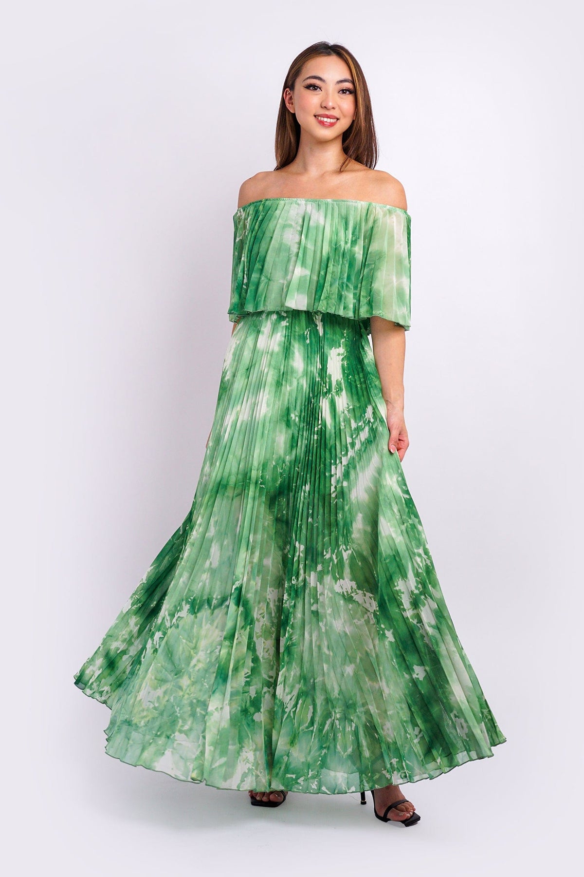 DCD DRESSES Green Off Shoulder Pleats Dress