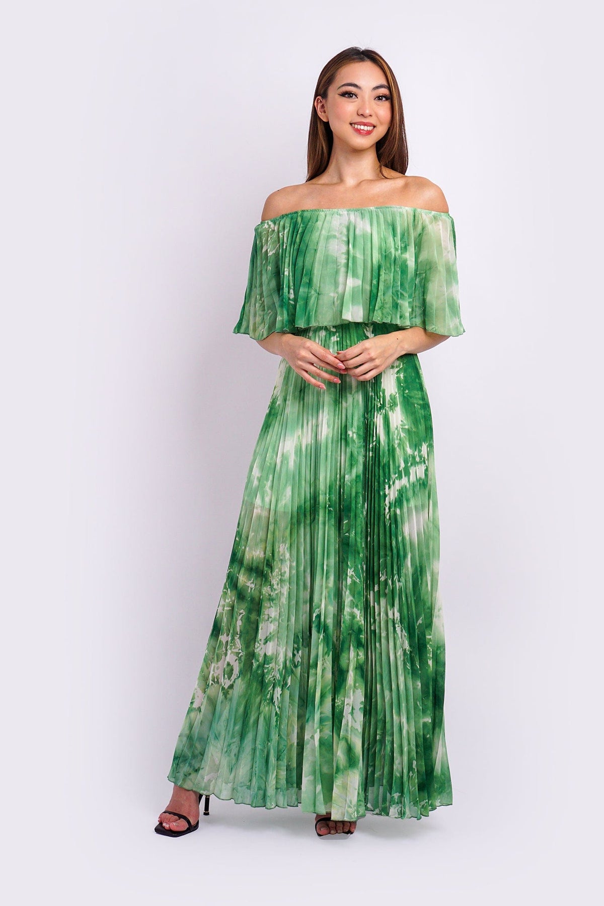 DCD DRESSES Green Off Shoulder Pleats Dress