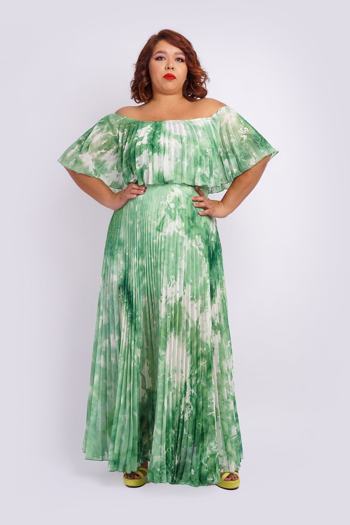 DCD DRESSES Green Off Shoulder Pleats Dress