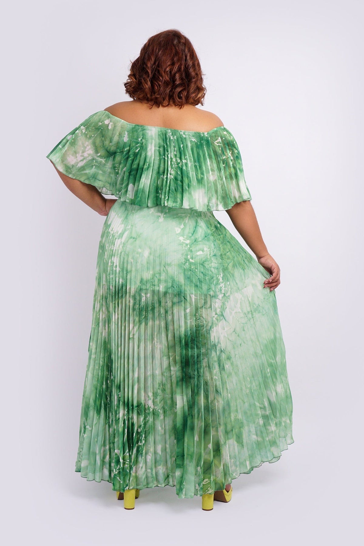 DCD DRESSES Green Off Shoulder Pleats Dress