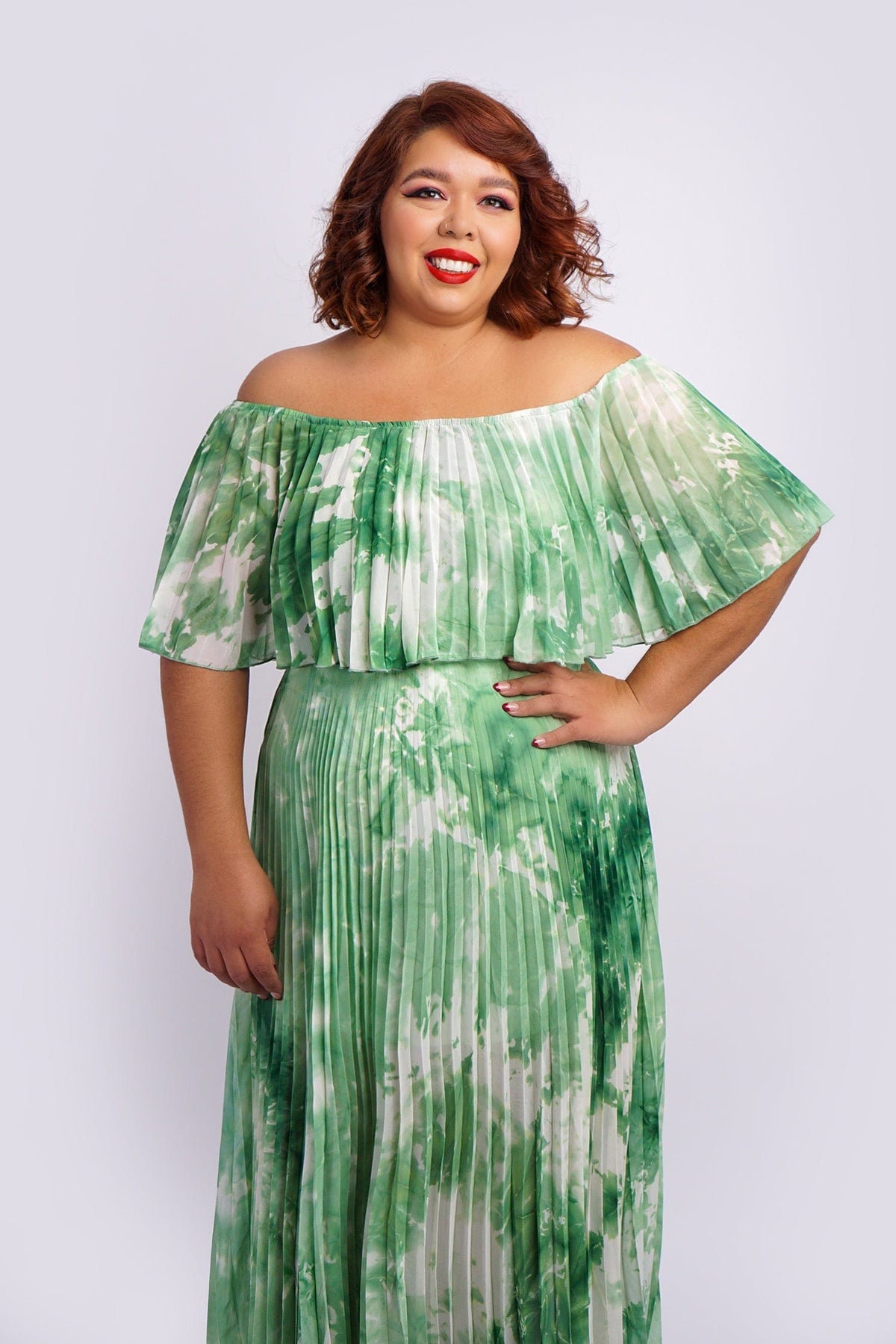DCD DRESSES Green Off Shoulder Pleats Dress