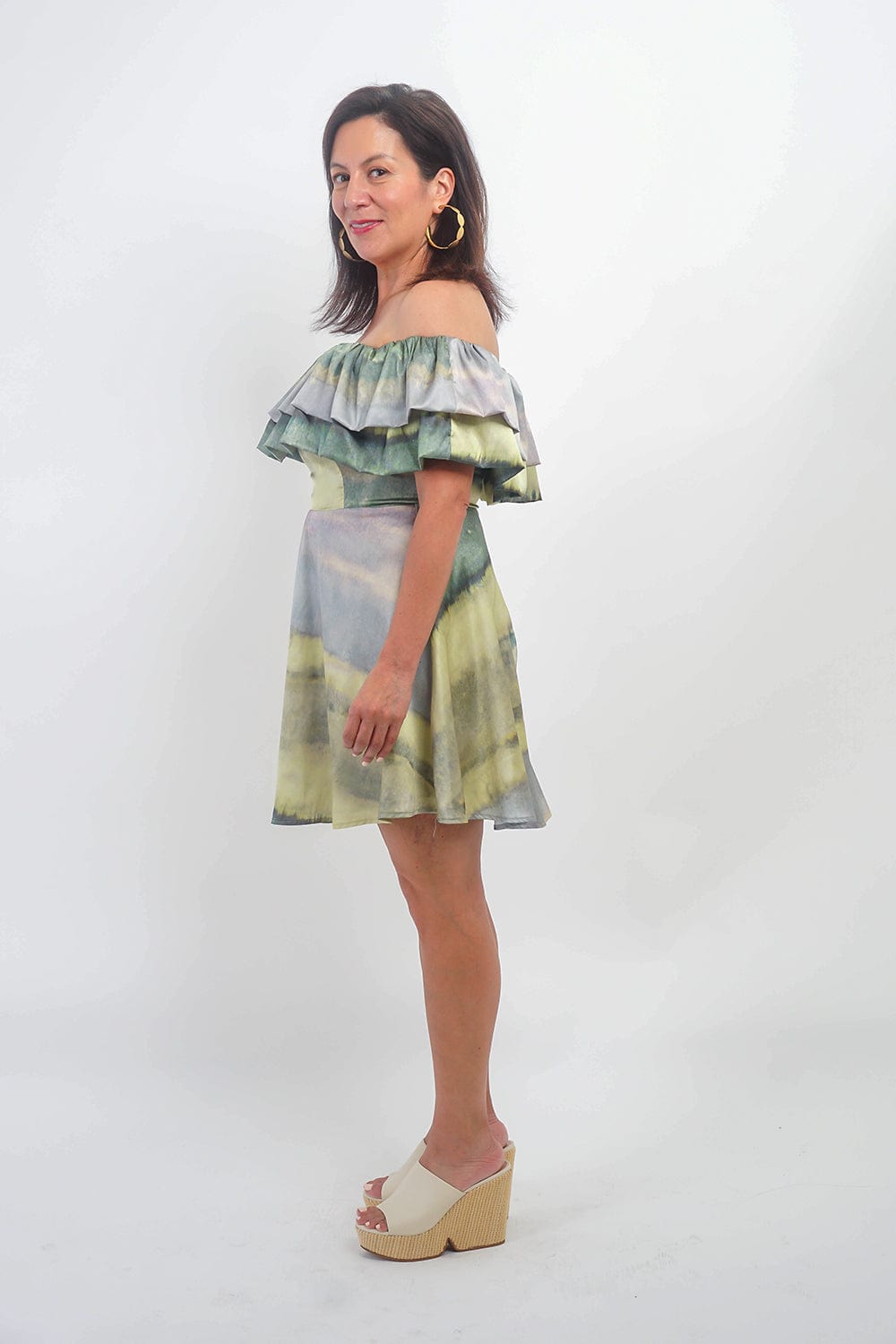DCD DRESSES Green Printed Watercolor Off Shoulder Dress
