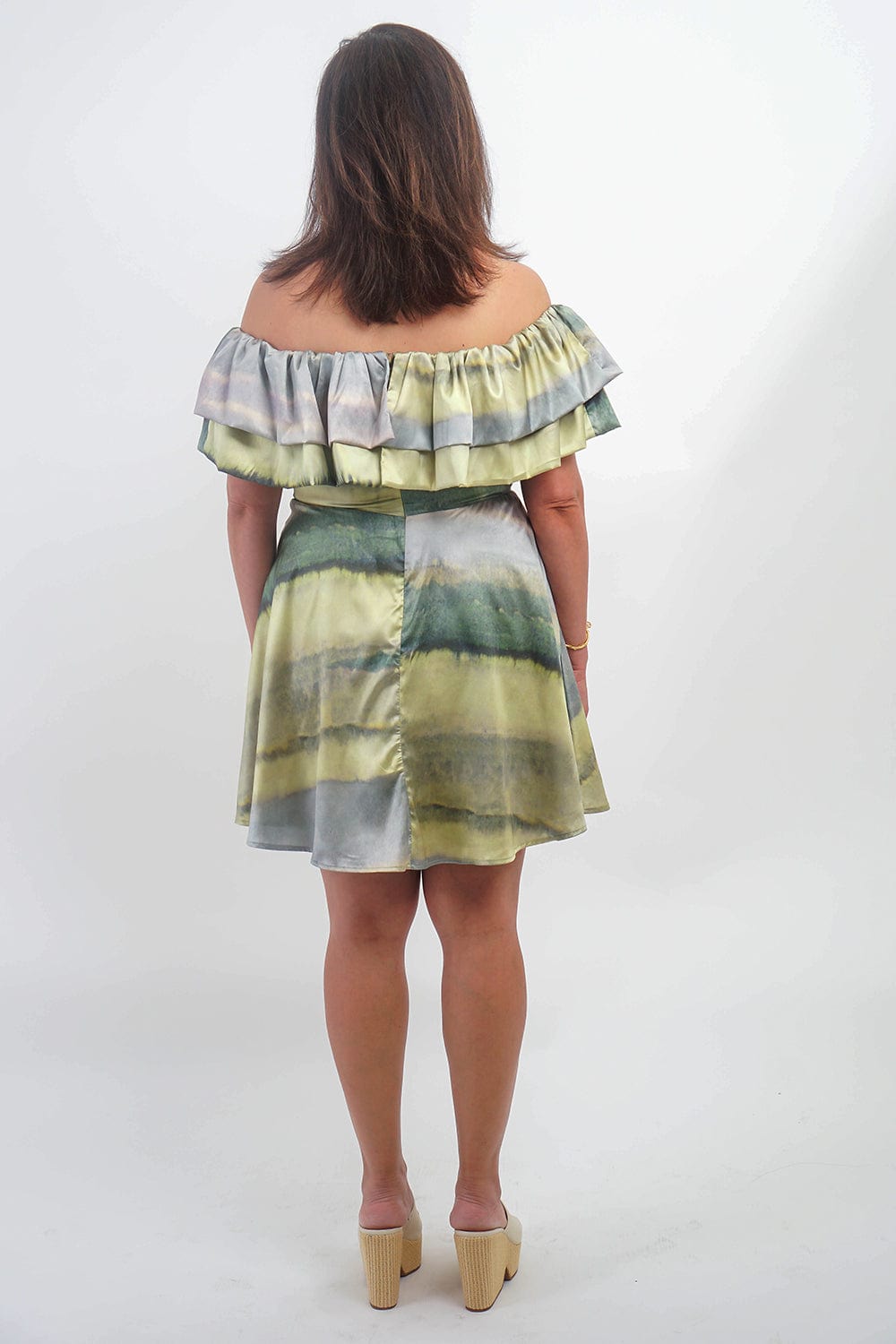 DCD DRESSES Green Printed Watercolor Off Shoulder Dress
