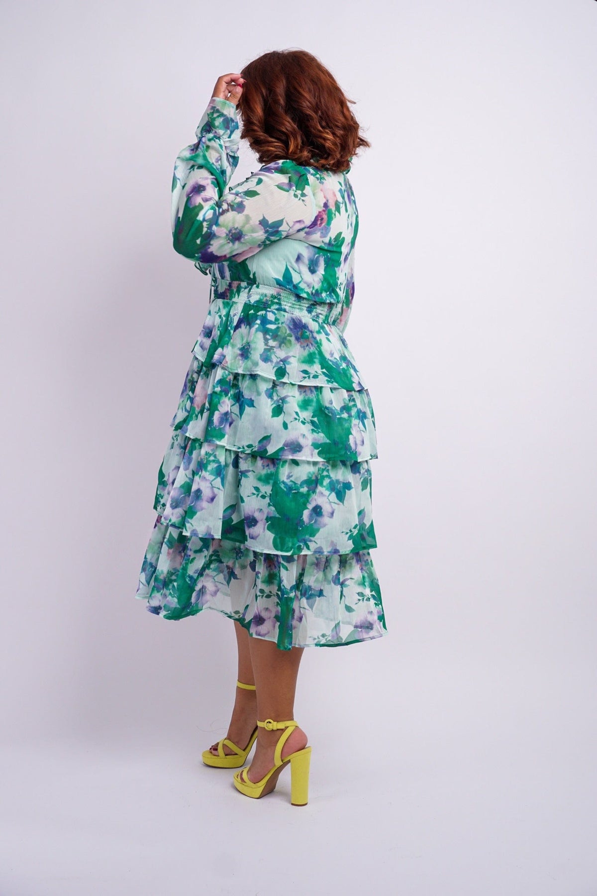 DCD DRESSES Green Ruffle Floral Print Midi Dress