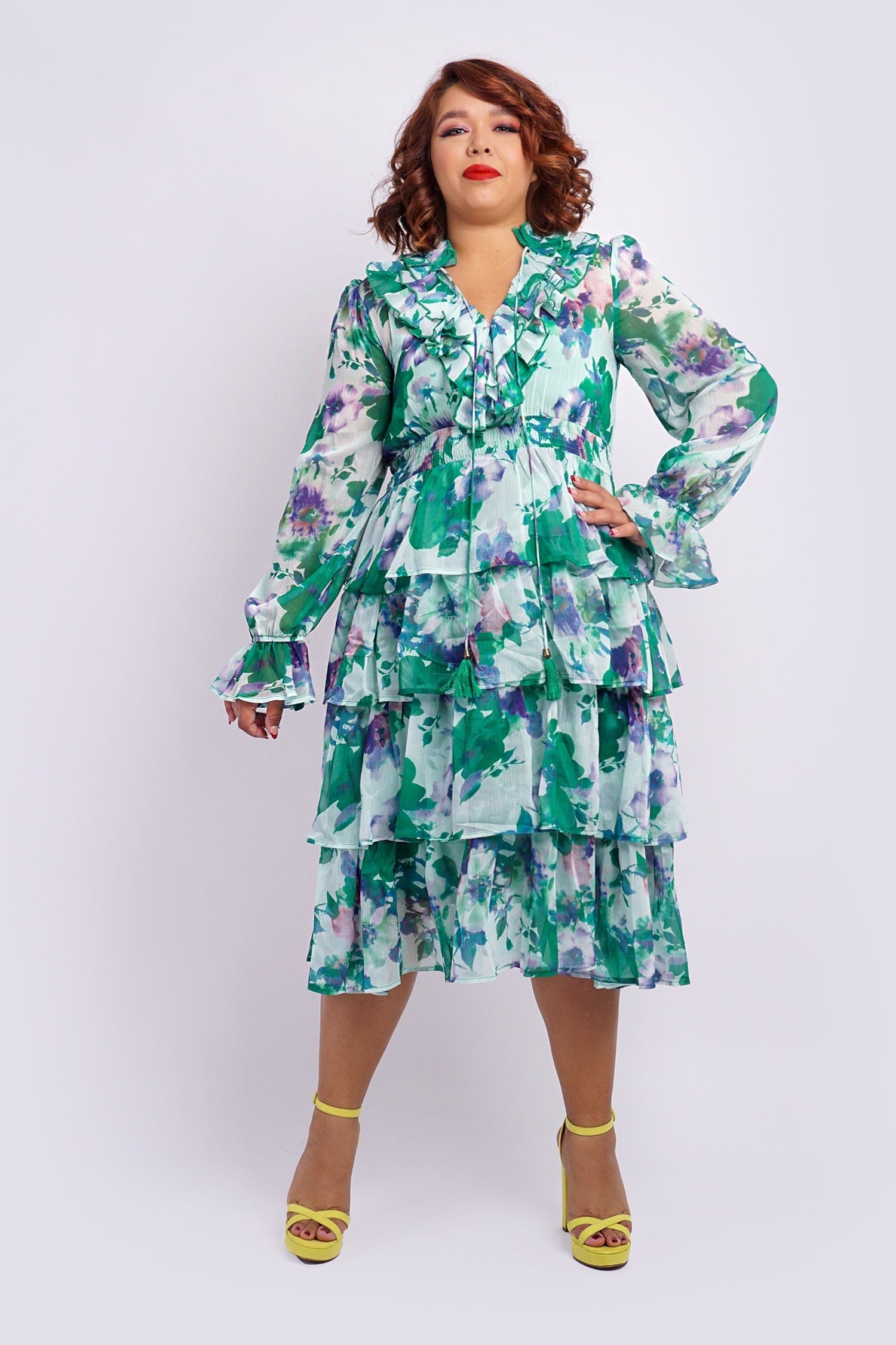 DCD DRESSES Green Ruffle Floral Print Midi Dress