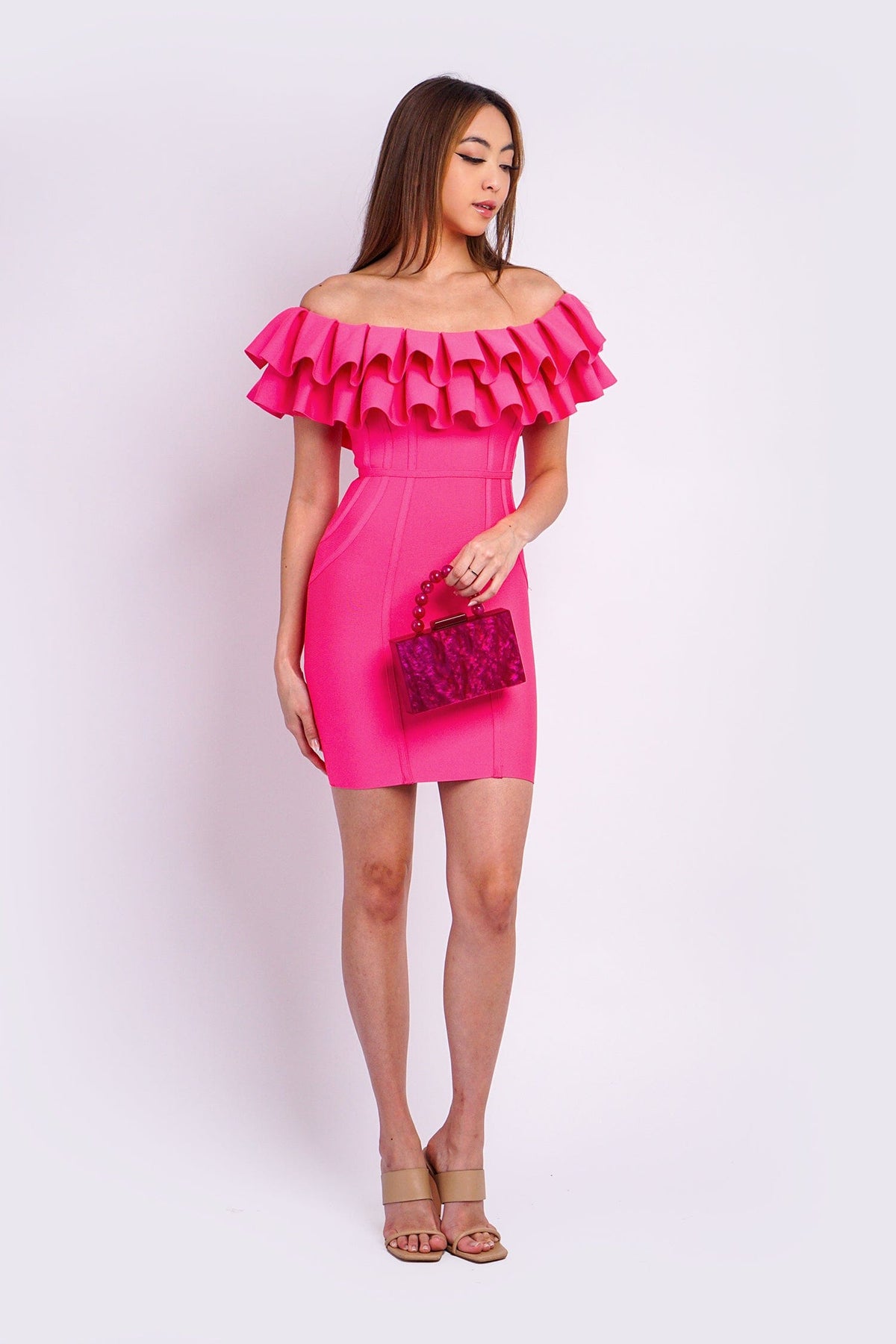 DCD DRESSES Hot Pink Off Shoulder Knit Dress