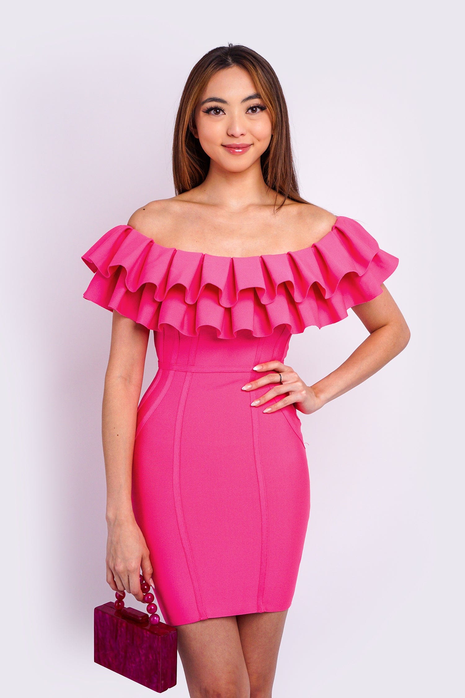 DCD DRESSES Hot Pink Off Shoulder Knit Dress