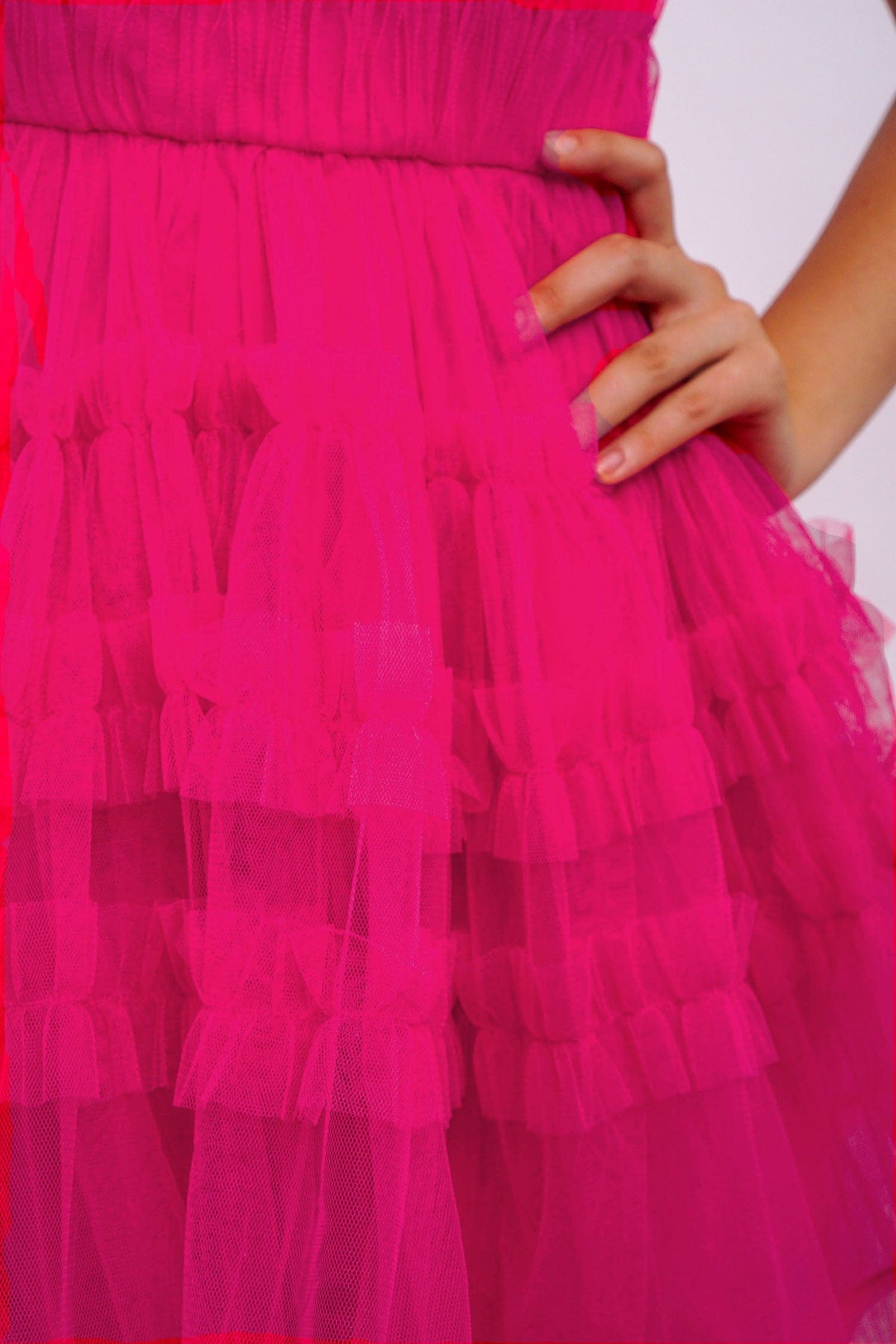 DCD DRESSES Hot Pink Tulle Straps Ruffle Dress