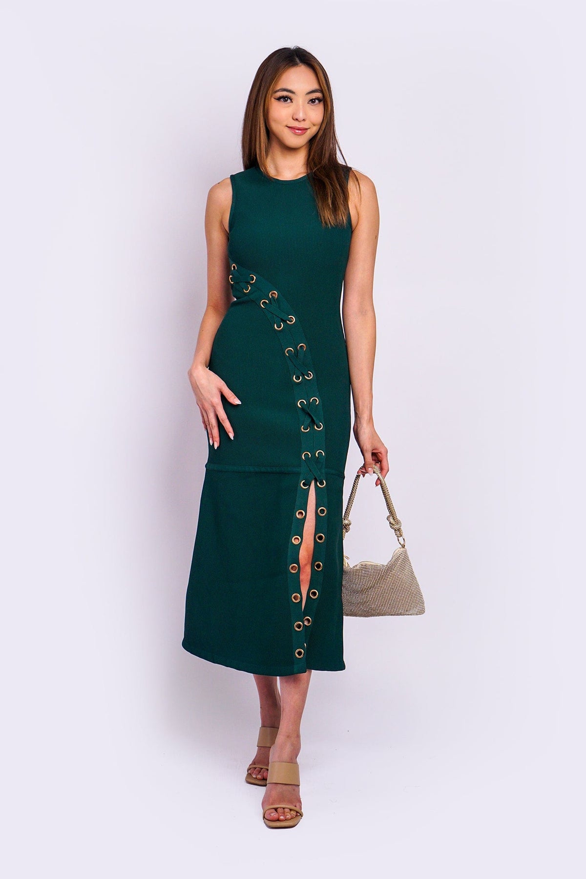 DCD DRESSES Hunter Green Knit Solid Vertical Eyelet Maxi Dress