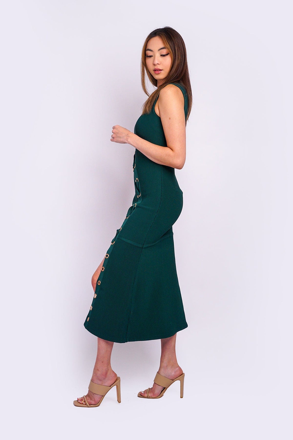 DCD DRESSES Hunter Green Knit Solid Vertical Eyelet Maxi Dress