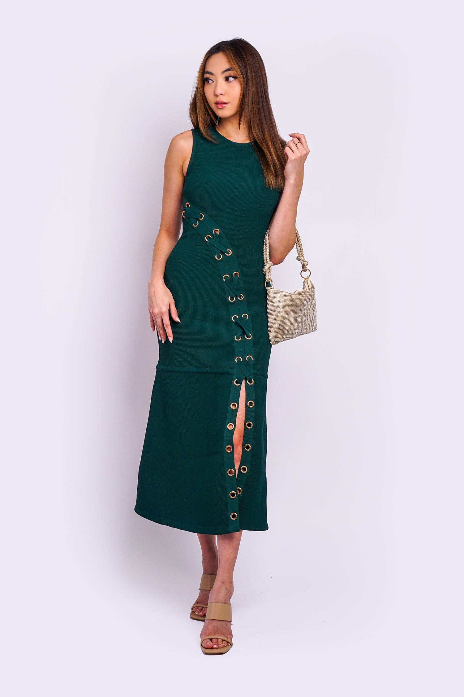 DCD DRESSES Hunter Green Knit Solid Vertical Eyelet Maxi Dress