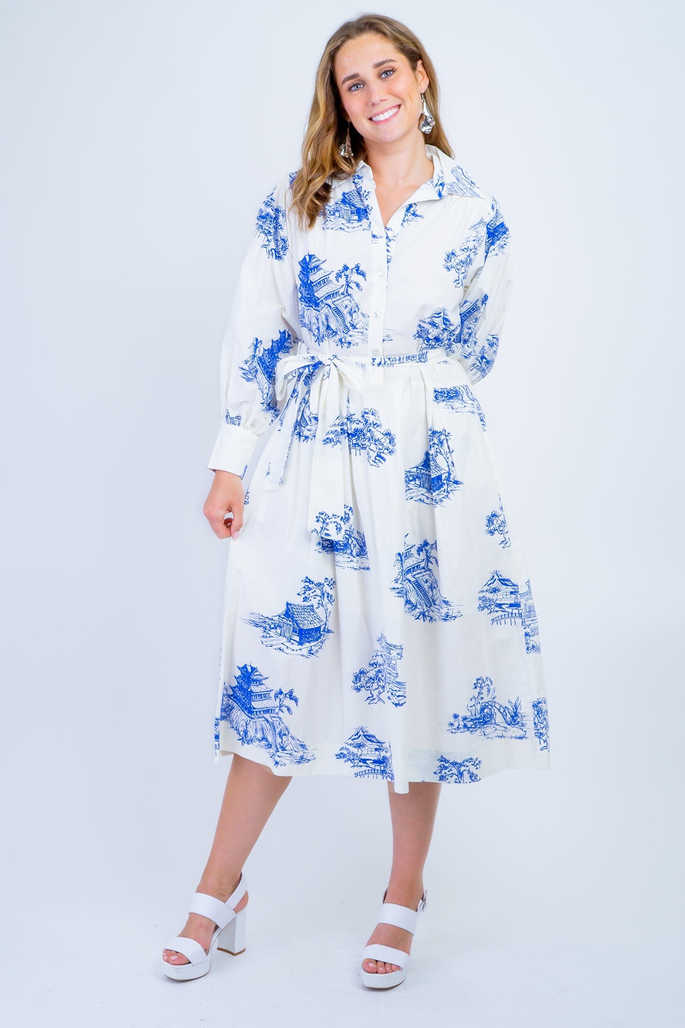 DCD DRESSES Ivory and Blue Print Shirt Midi Dress