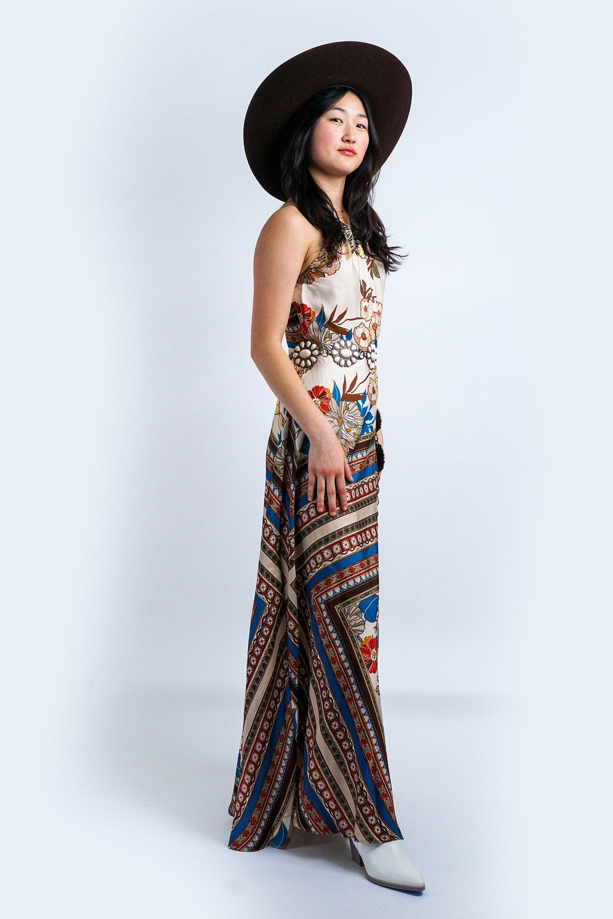 DCD DRESSES Ivory Floral Print Halter Cowl Maxi Dress