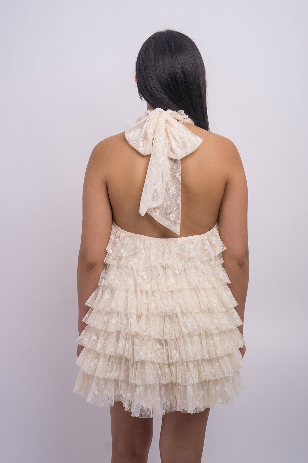 DCD DRESSES Ivory Lace Tiered Halter Bkless Mini Dress