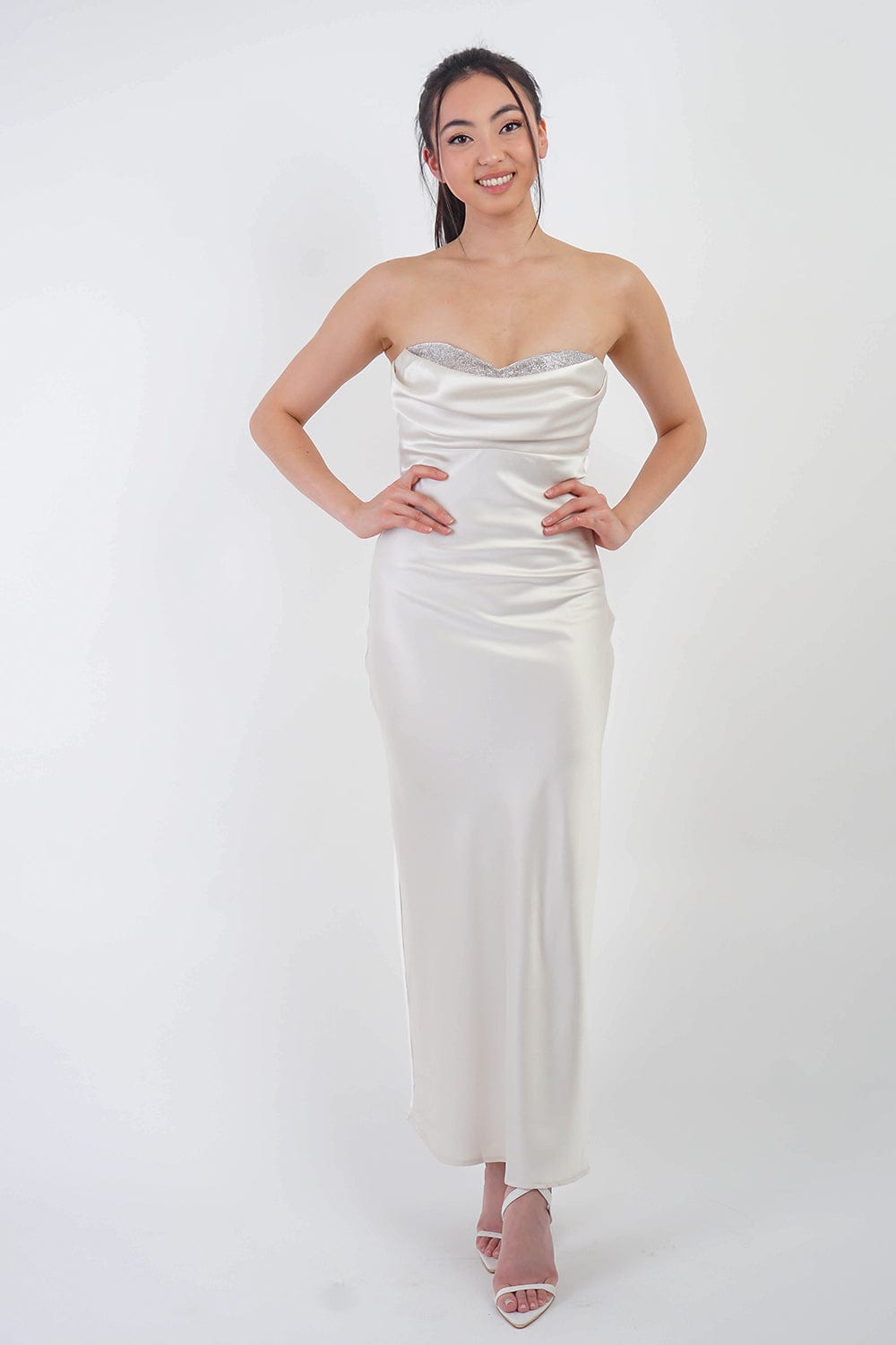 DCD DRESSES Ivory Rhinestone Bra Satin Cowl Maxi Dress