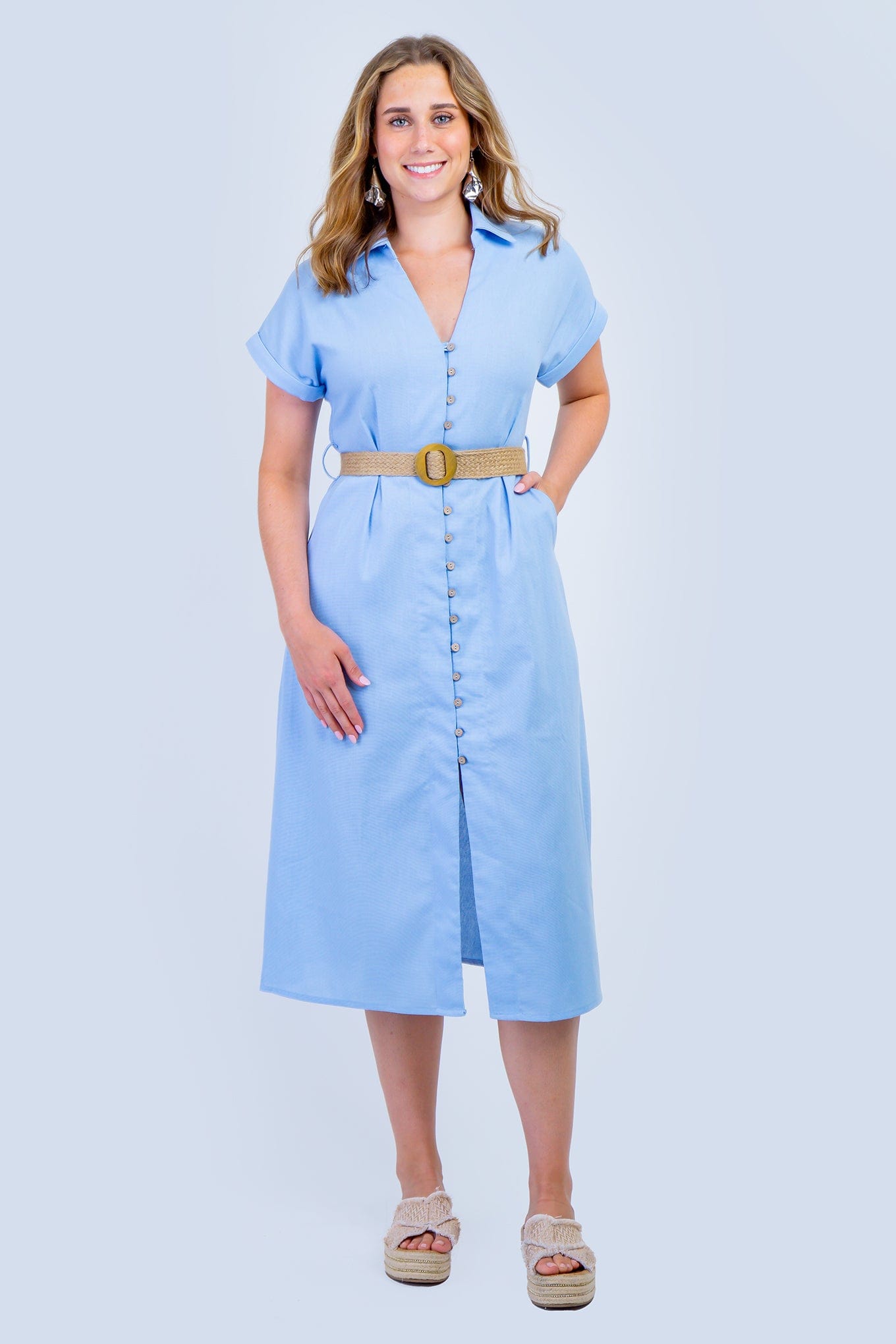 DCD DRESSES Light Blue Denim Belted Button Front Dress