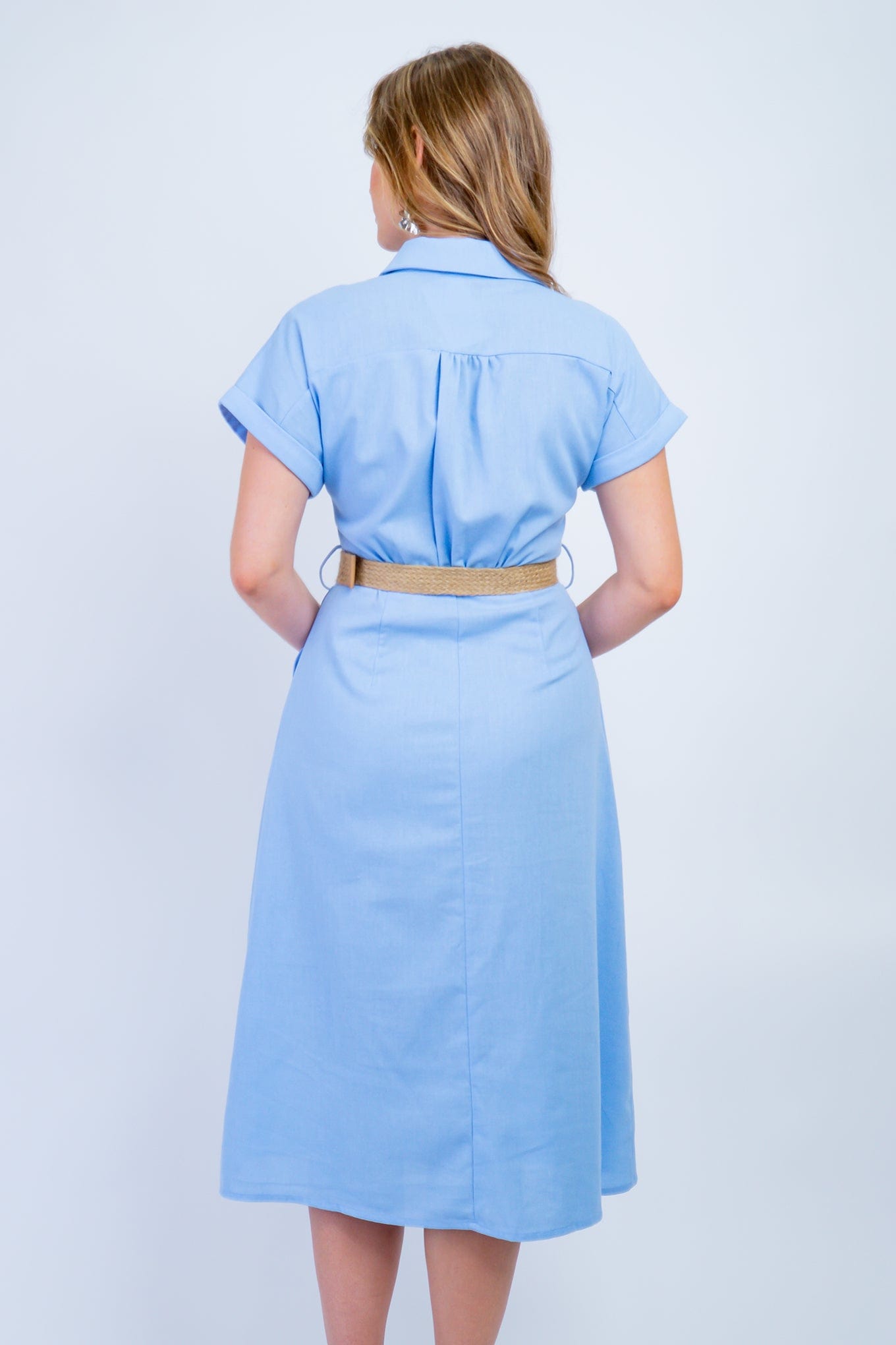 DCD DRESSES Light Blue Denim Belted Button Front Dress