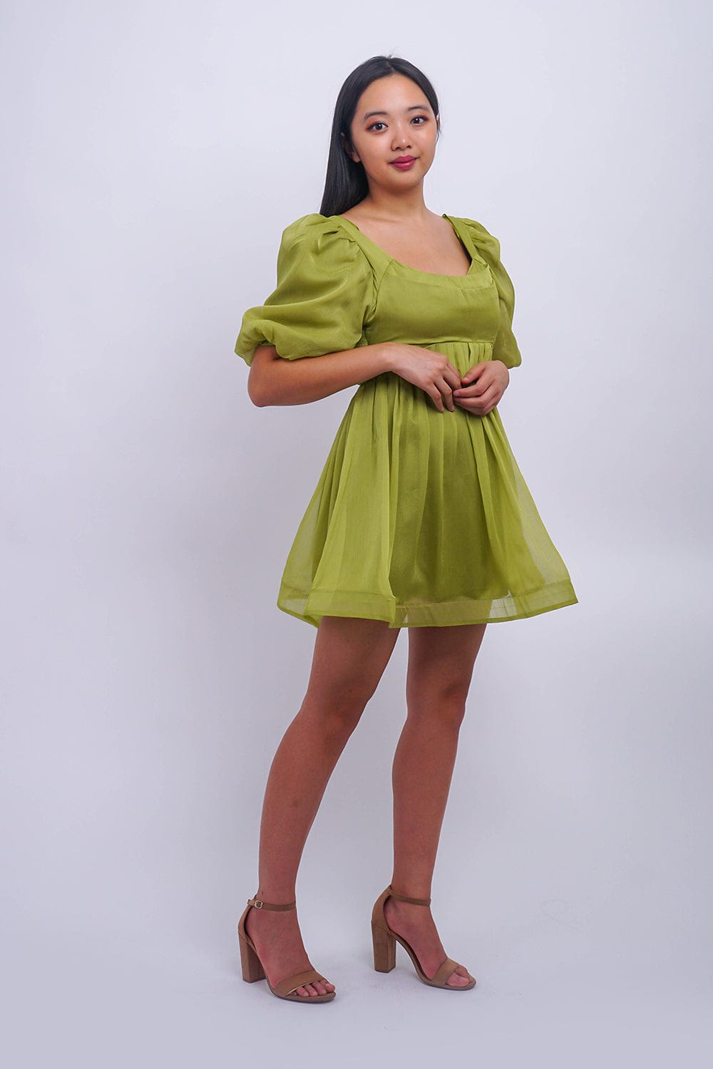 DCD DRESSES Light Green Solid Bubble Sleeve Square Neck Mini Dress