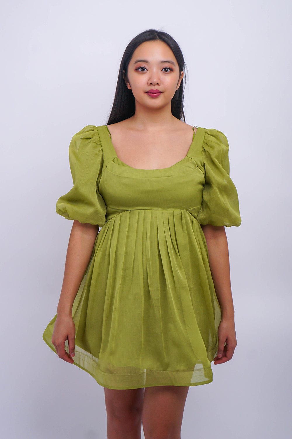 DCD DRESSES Light Green Solid Bubble Sleeve Square Neck Mini Dress