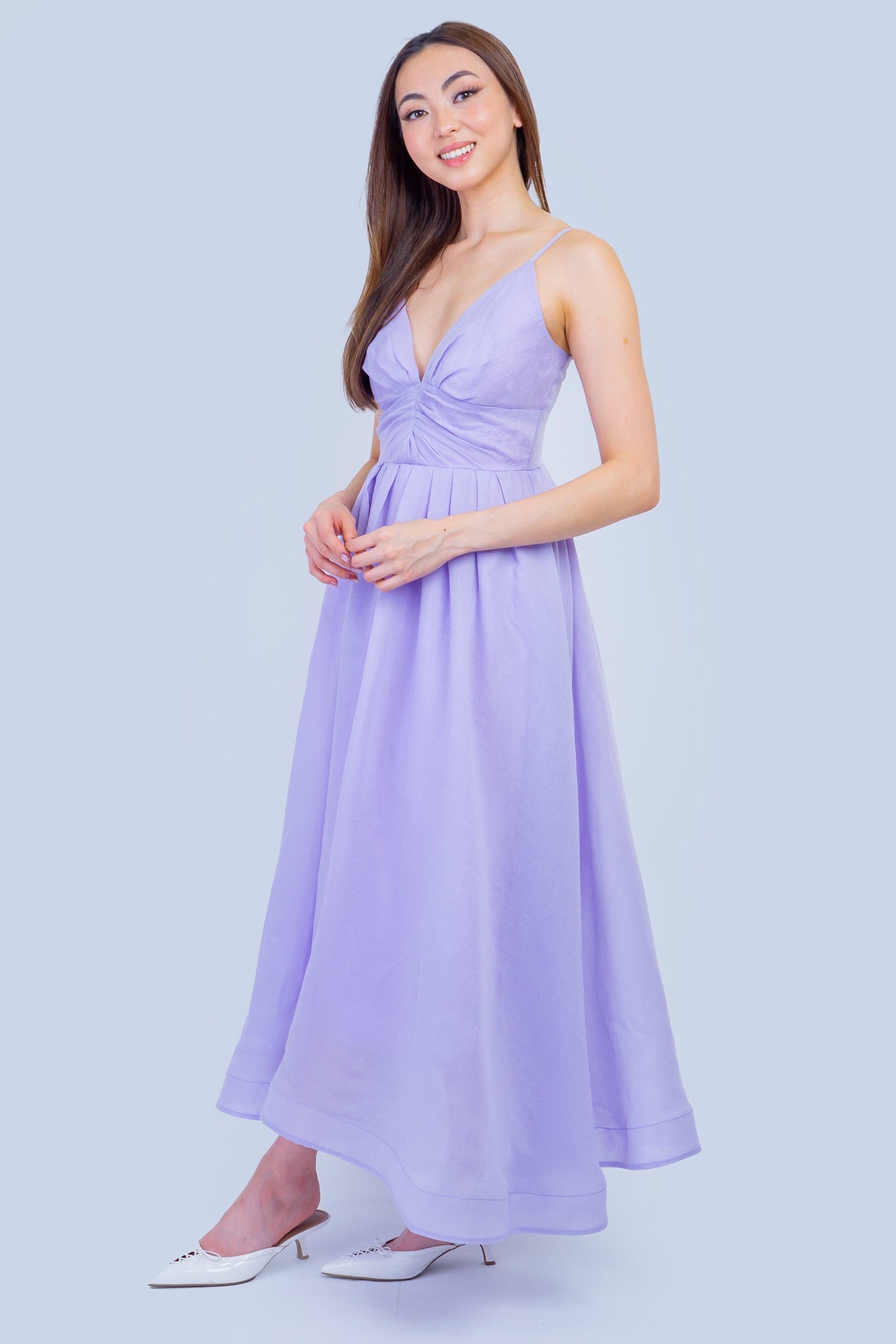 DCD DRESSES Lilac V Neck Linen Midi Dress