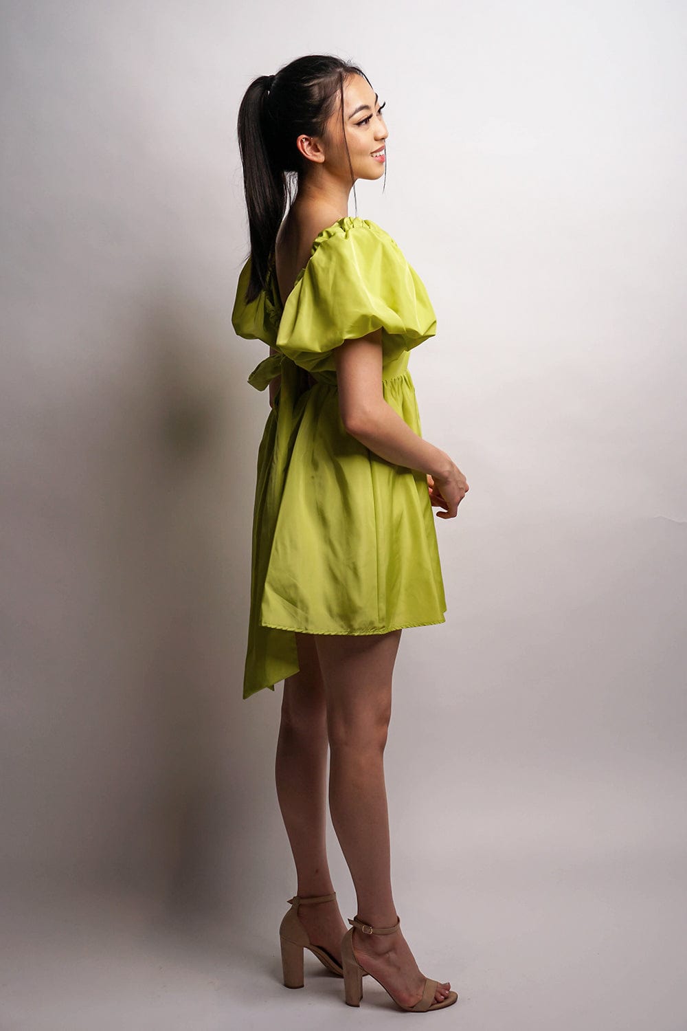 DCD DRESSES Lime Green Puff Sleeves Taffeta Dress