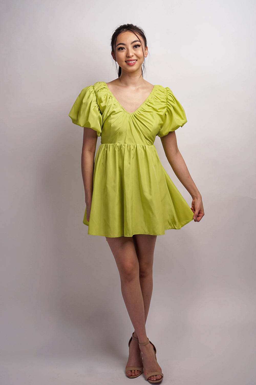 DCD DRESSES Lime Green Puff Sleeves Taffeta Dress