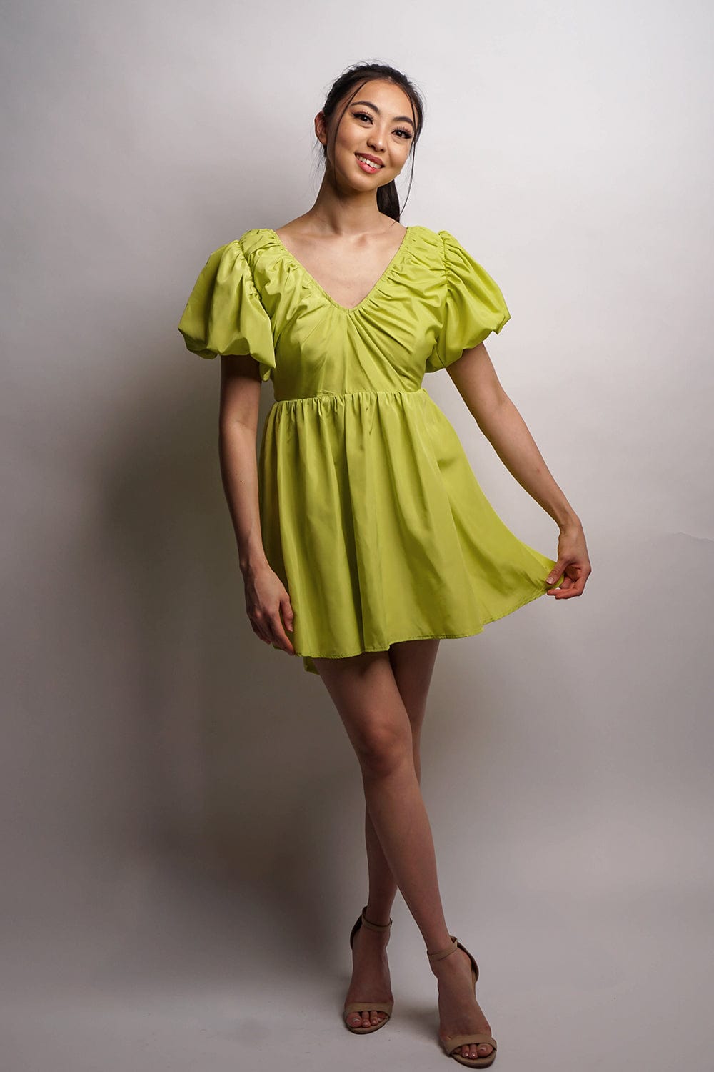 DCD DRESSES Lime Green Puff Slve Taffeta Dress