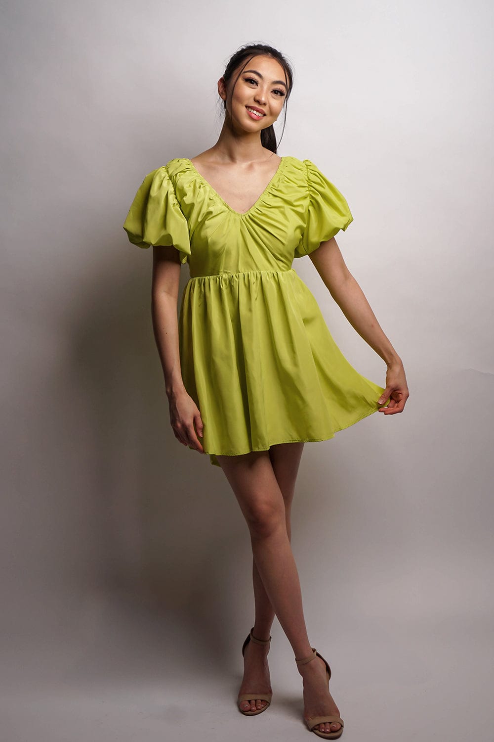 DCD DRESSES Lime Green Puff Sleeves Taffeta Dress