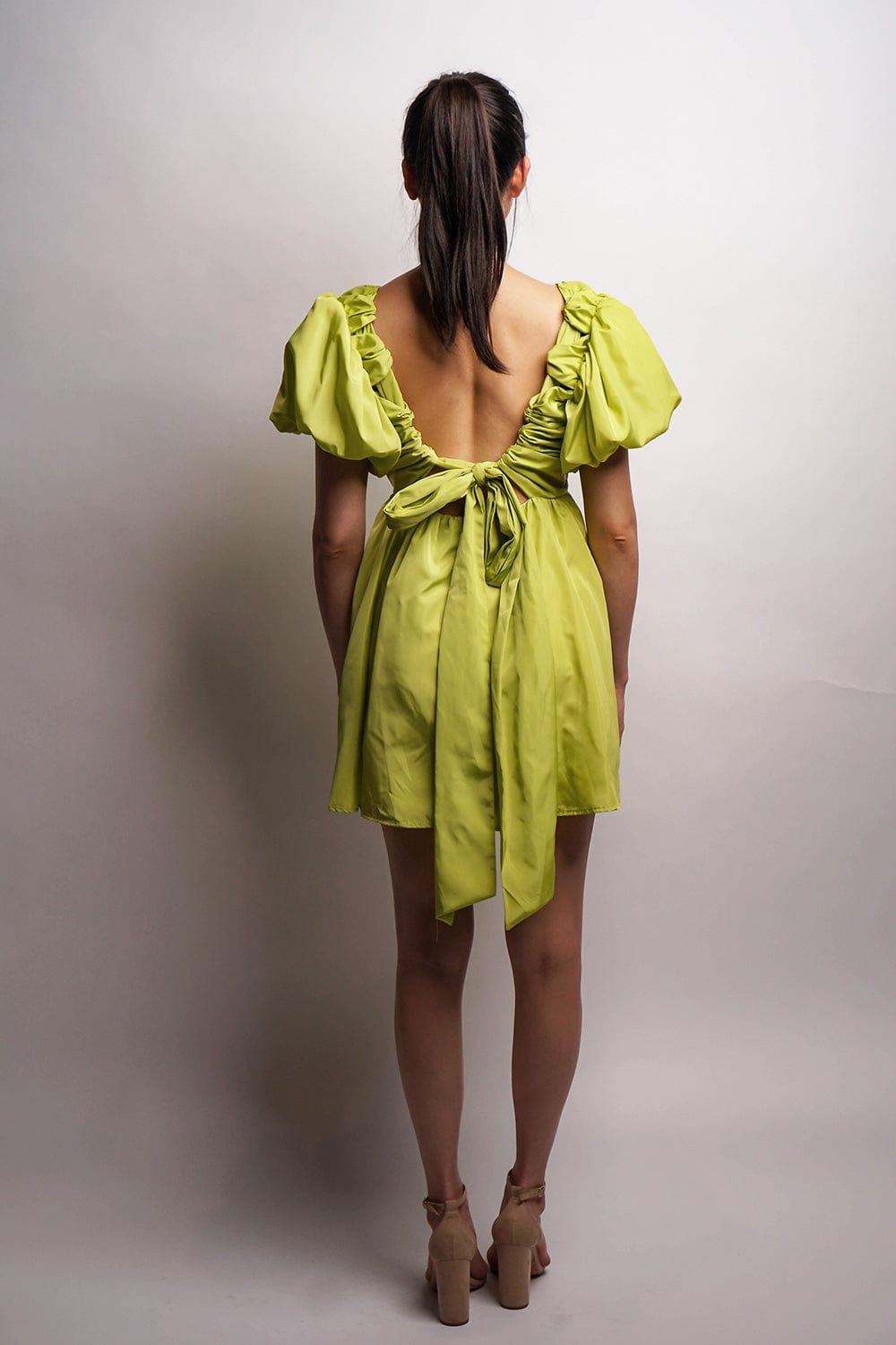 DCD DRESSES Lime Green Puff Slve Taffeta Dress