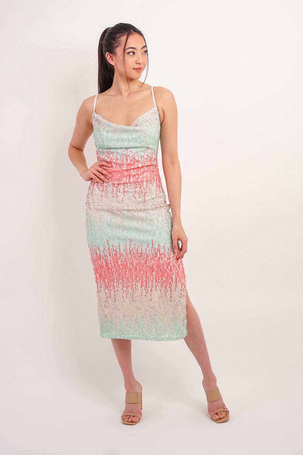 DCD Dresses Mint/Pink Sequins Cowl Midi Dress