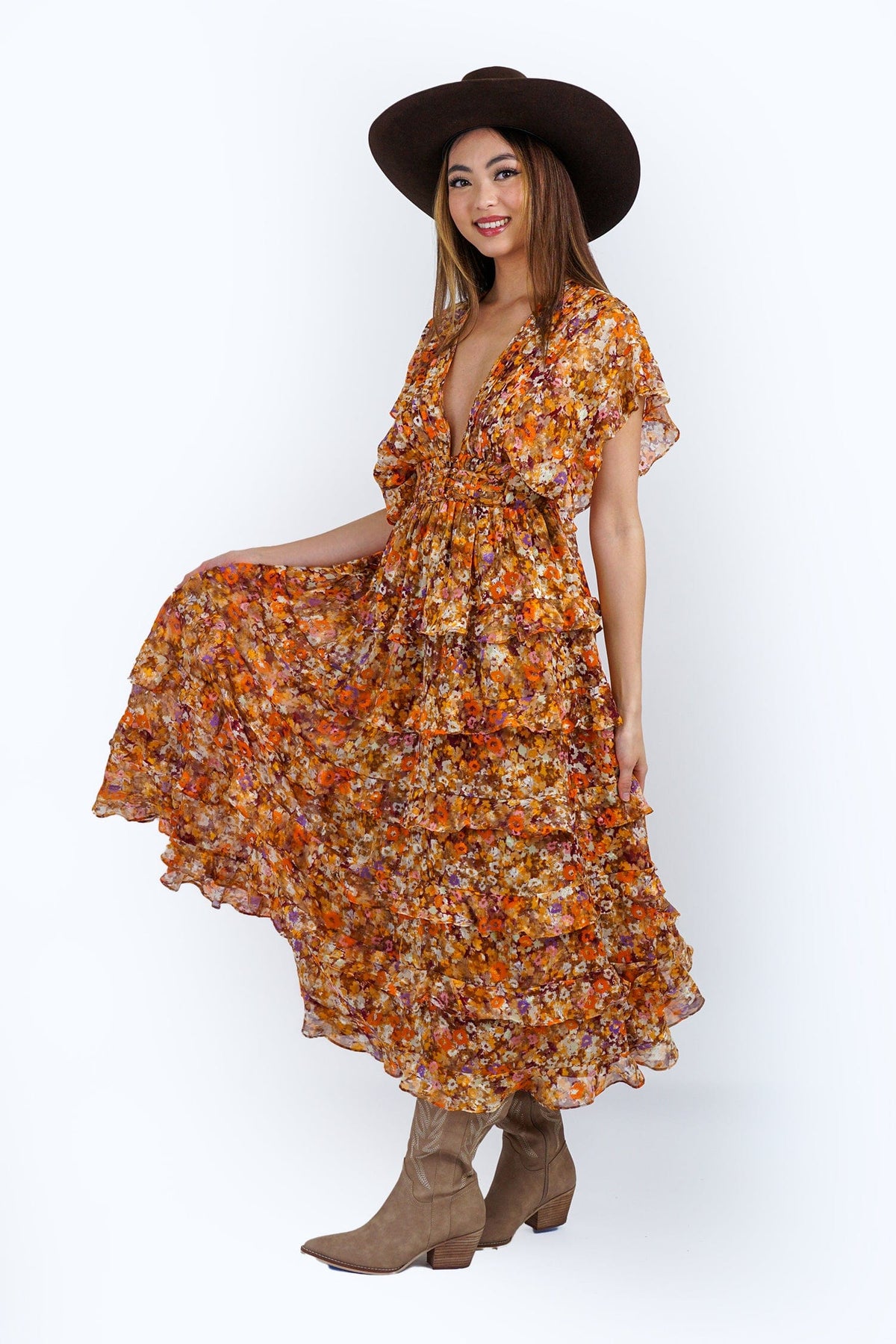 DCD DRESSES Multi Floral Foliage Leaf Ruffle Midi Dress